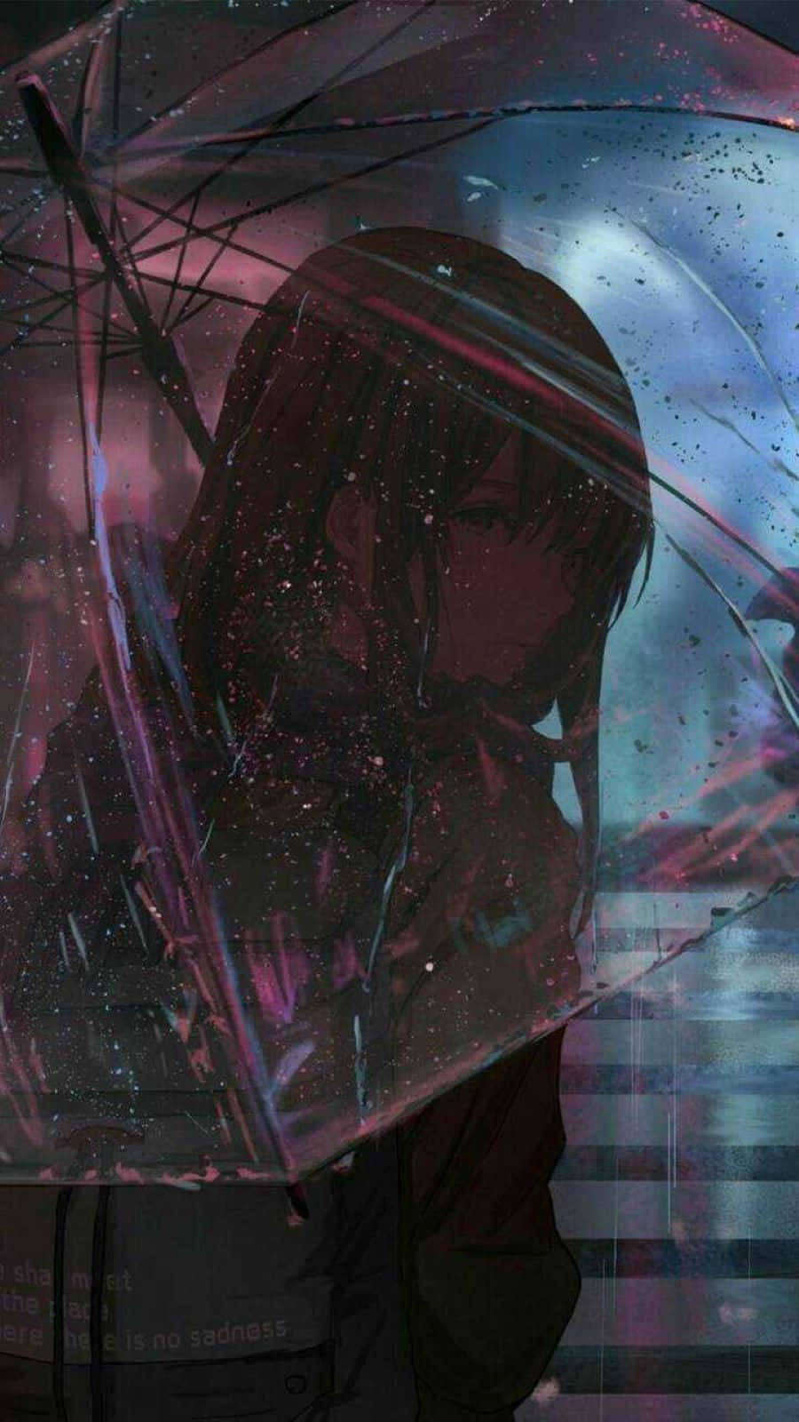 Sad Dark Anime 桌布 壁紙 — 一個憂鬱的黑髮動漫女孩，在紫色和藍色的陰沉天空下，拿著透明雨傘，雨水如絲般落下。