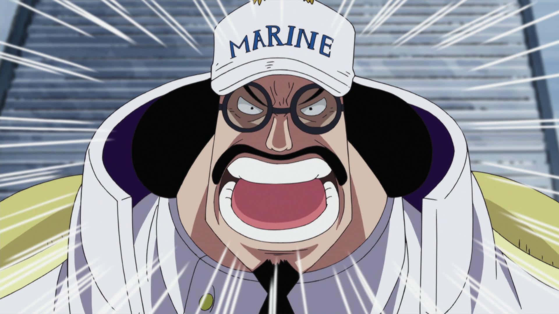 Marine Admiral 桌布 壁紙 — 一個憤怒的動漫海軍軍官怒吼著，面容扭曲，周圍環繞著動態速度線。