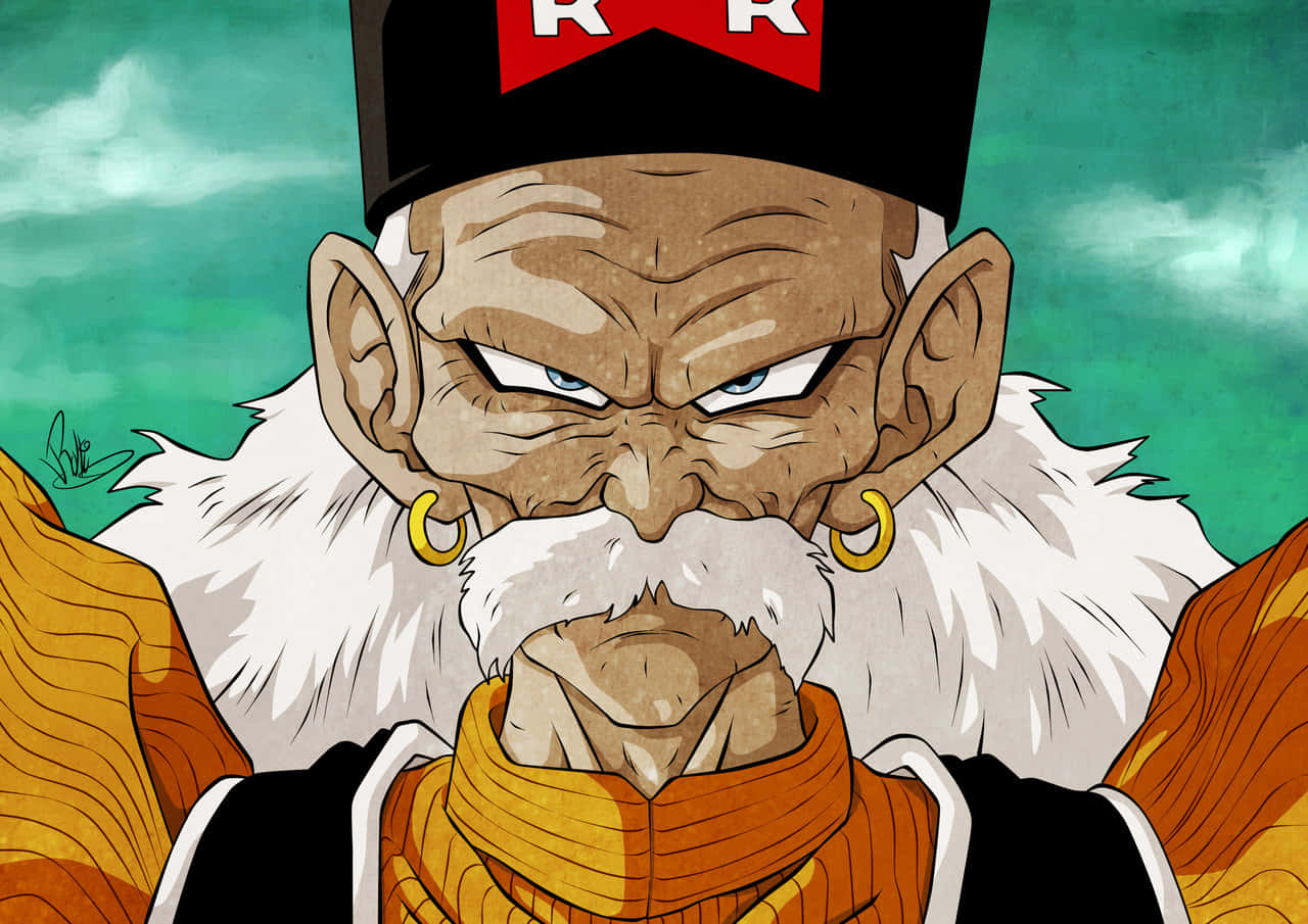 Dr Gero 桌布 壁紙 — 一個憤怒的動漫角色，留著白鬍子，戴著金色耳環和帶有紅色標誌的黑色帽子，在青綠色的天空下凝視著。