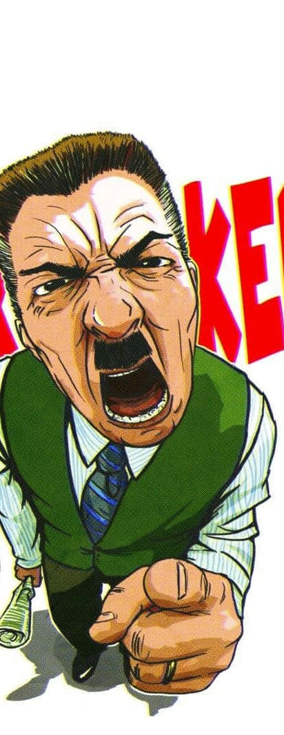J Jonah Jameson 桌布 壁紙 — 一個憤怒的卡通男人穿著綠色背心，一邊尖叫一邊用另一隻手拿著捲起的鈔票指向前方。