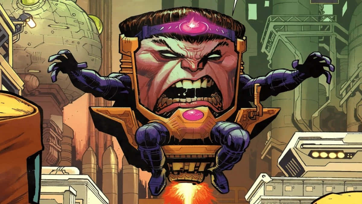 Iron Man Villains 桌布 壁紙 — 一個憤怒的漫畫反派，擁有發光的紫色眼睛和熾熱的噴射背包，在科幻城市景觀中威脅性地盤旋。