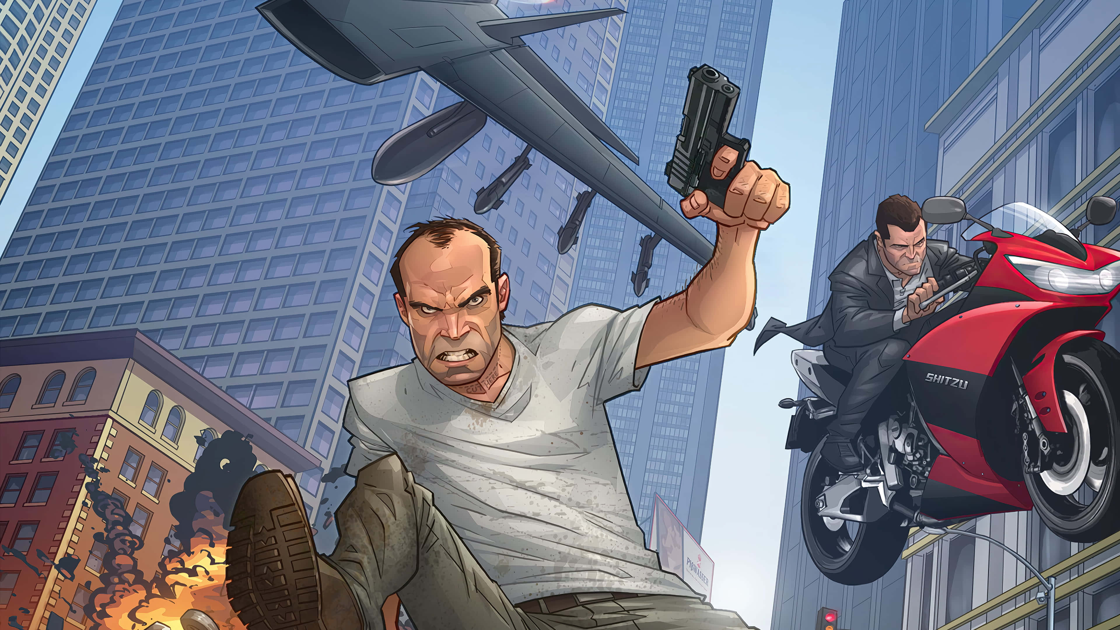 Gta V 4K 桌布 壁紙 — 一個憤怒的男人在城市的街道上揮舞著槍，一輛紅色電單車在摩天大樓間飛馳，一架戰鬥機從頭頂飛過。