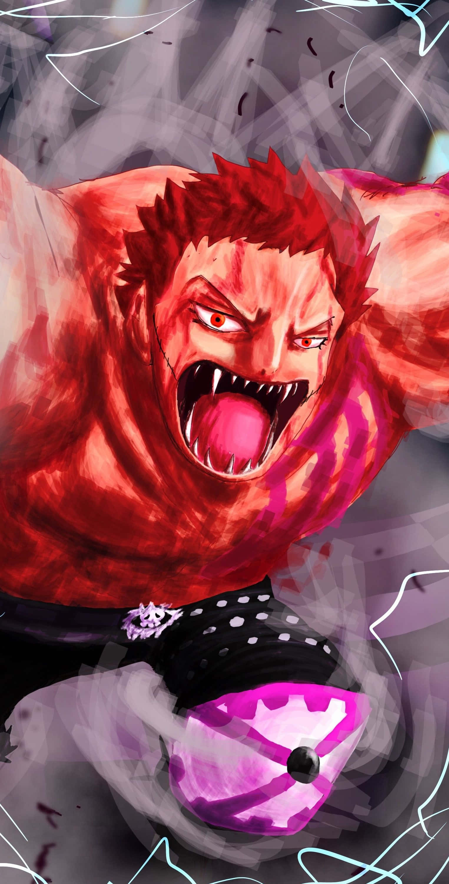 Charlotte Katakuri 桌布 壁紙 — 一個憤怒的紅髮動漫戰士在煙霧彌漫的灰色背景前，露出牙齒，眼睛發光，咆哮著。