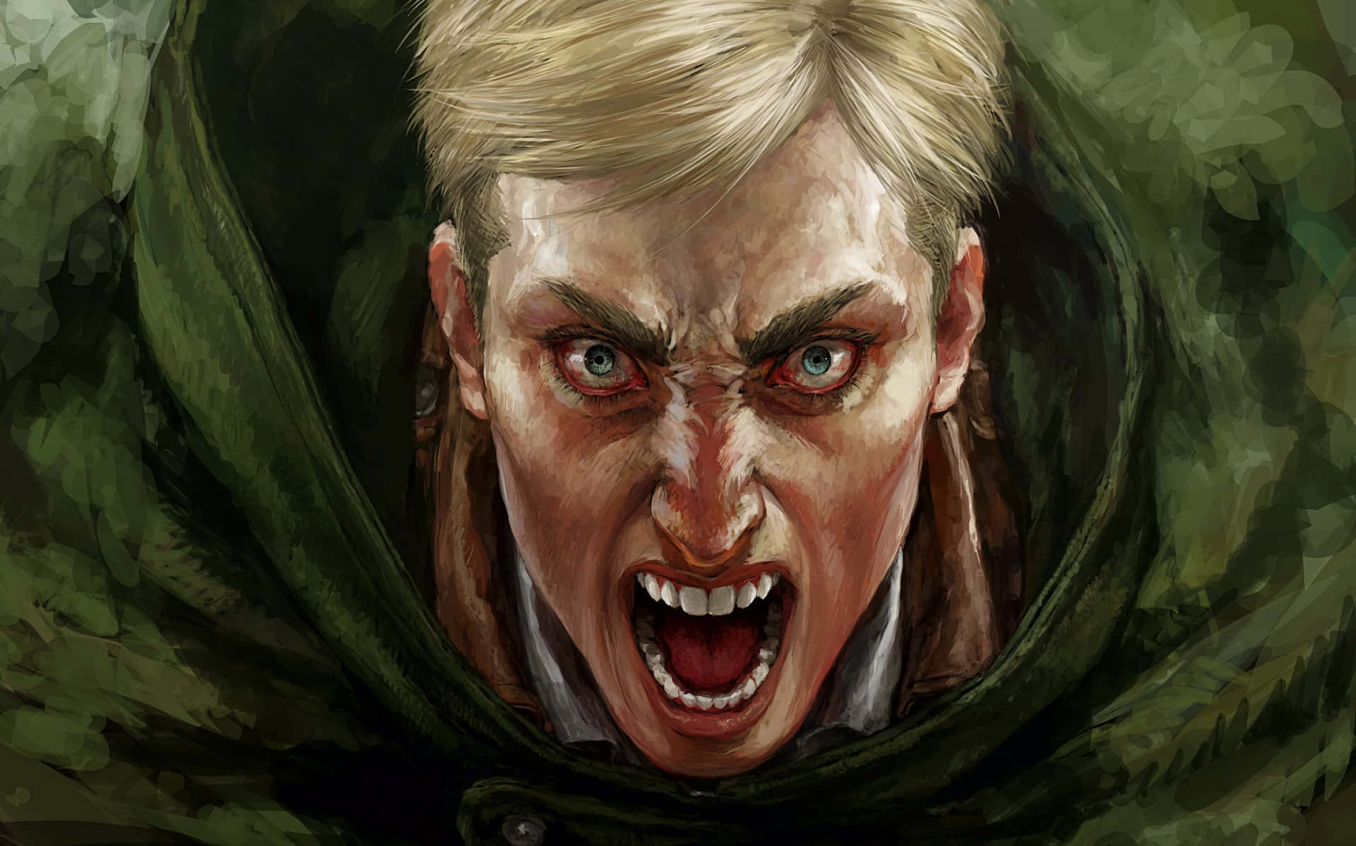 Attack On Titan Poster 桌布 壁紙 — 一個憤怒的金髮男人，雙眼發出紅光，在綠色斗篷內咆哮，呈現於戲劇性的動漫插圖中。