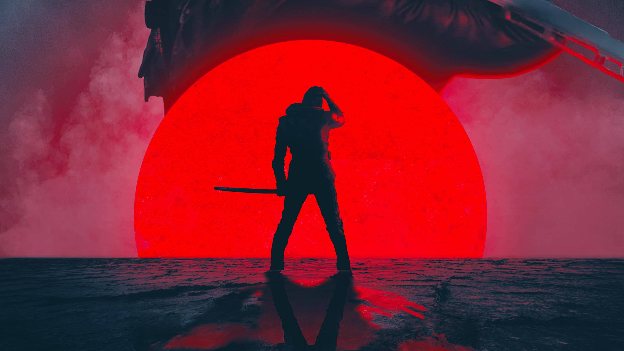 武士 桌布 壁紙 — 一個戰士剪影站在水上，手持劍，面對一個巨大的紅色太陽，上方有一個巨大的機械結構籠罩著。