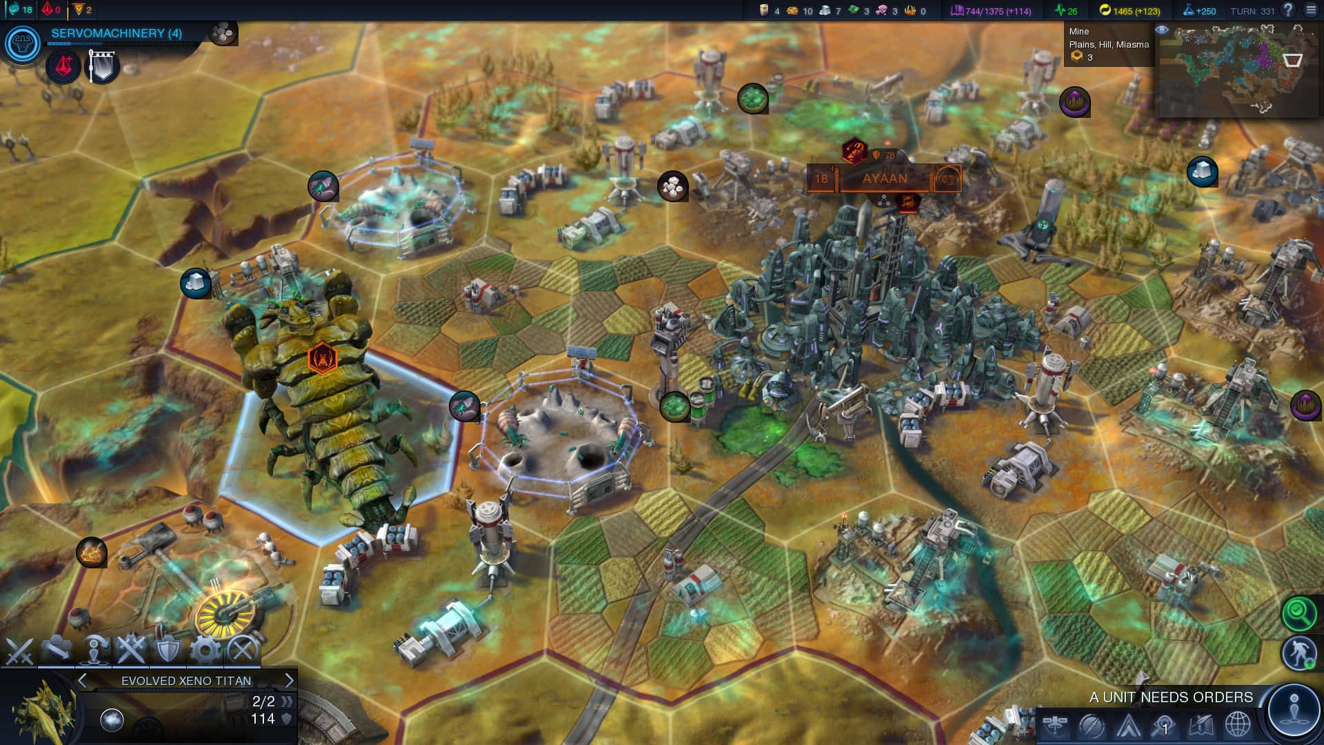 Civilization Beyond Earth 桌布 壁紙 — 一個戰略遊戲地圖，顯示未來外星城市和生物機械單位在六角形網格上，帶有發光地形。