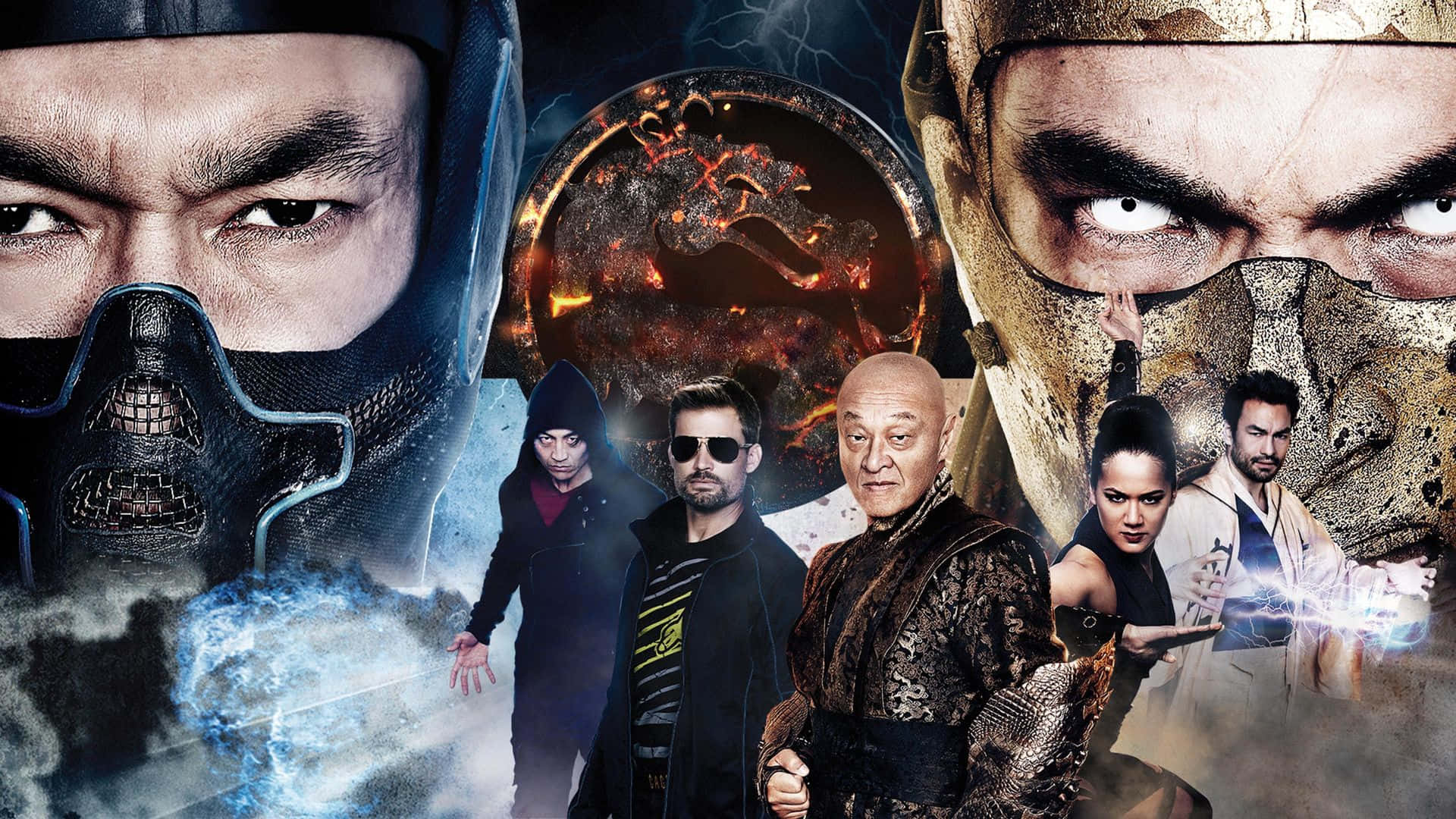 Mortal Kombat Legacy 桌布 壁紙 — 一個戲劇性的 Mortal Kombat 角色拼貼畫，角色表情強烈，帶有發光能量效果，背景為黑暗火焰。