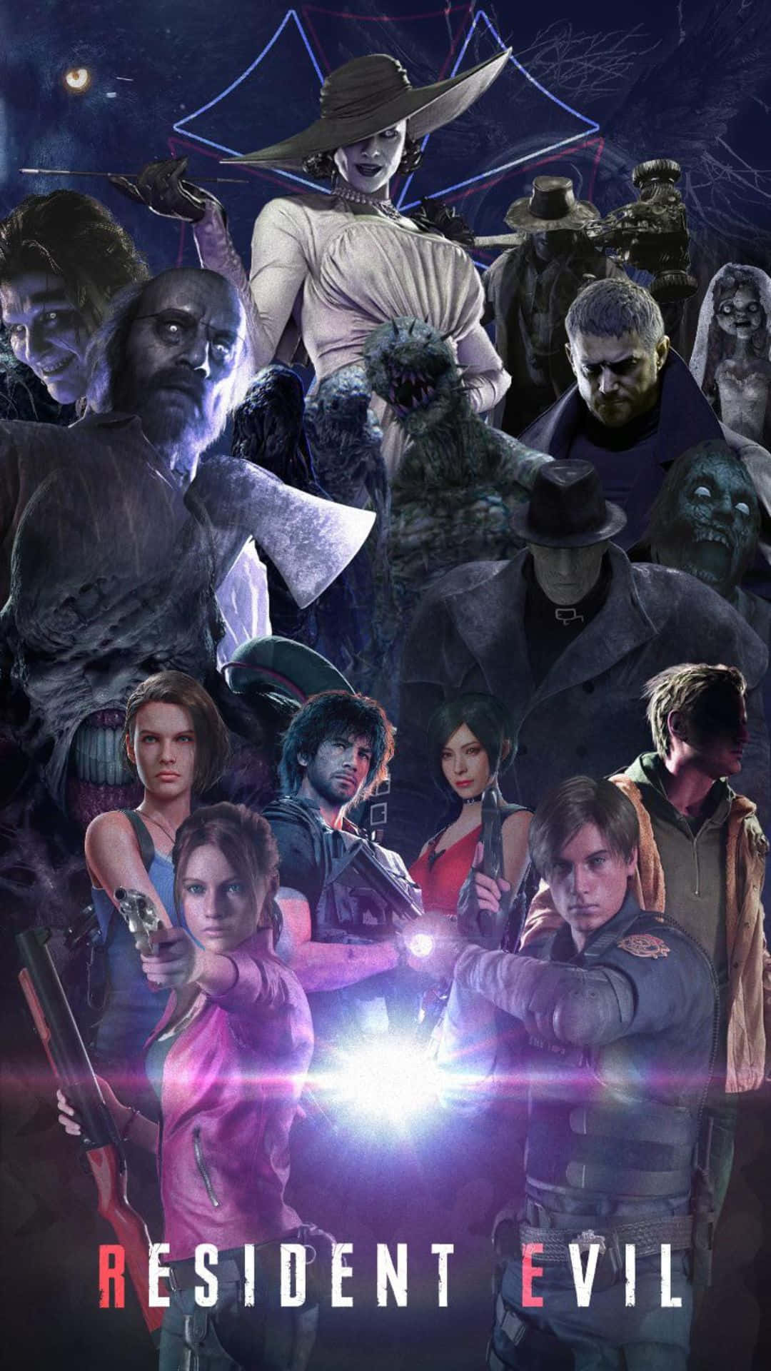 Resident Evil Characters 桌布 壁紙 — 一個戲劇性的Resident Evil角色和怪物拼貼畫，在發光的月亮下帶有霓虹輪廓。