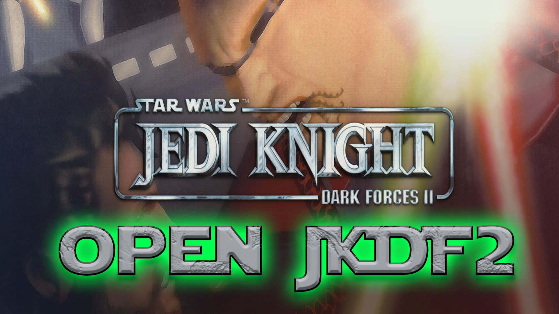 Jedi Knight 桌布 壁紙 — 一個戲劇性的Star Wars Jedi Knight Dark Forces II標題畫面，帶有發光的綠色文字和背景中模糊的角色。
