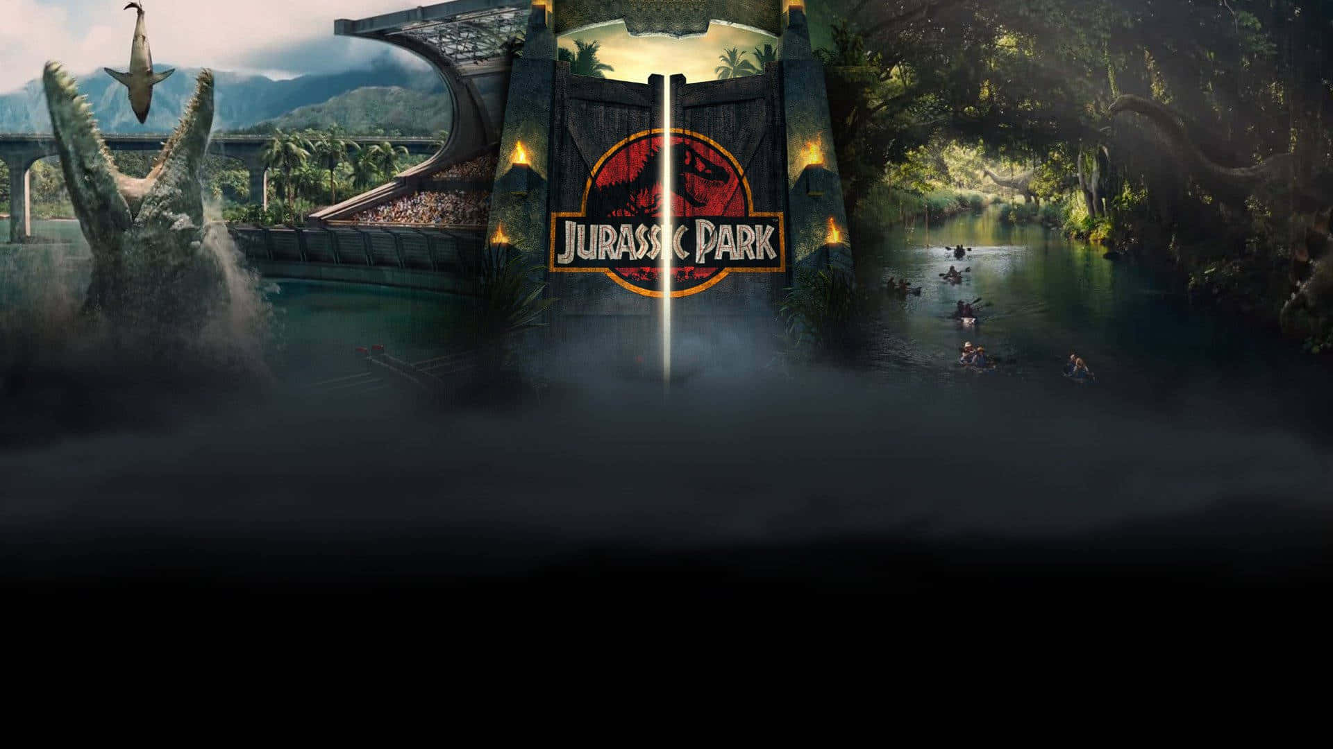 Jurassic World 桌布 壁紙 — 一個戲劇性的侏羅紀公園場景，恐龍從水中出現，靠近霧氣籠罩的叢林樹冠下發光的大門。