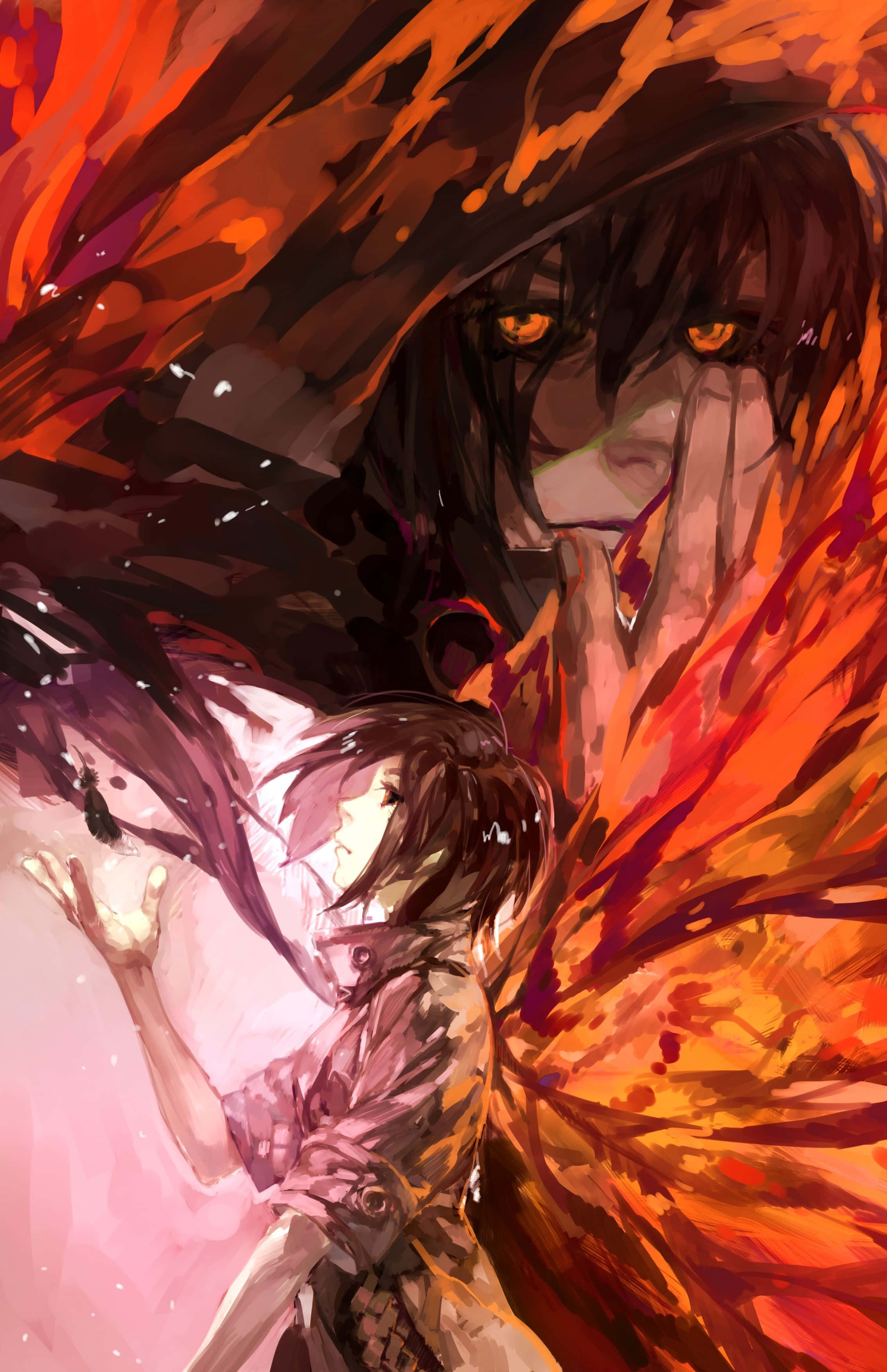 Ayato Kirishima 桌布 壁紙 — 一個戲劇性的動漫場景，一個小人影伸出手，而一個高大的黑暗身影帶著發光的橙色眼睛，在熾熱的橙色翅膀後若隱若現。