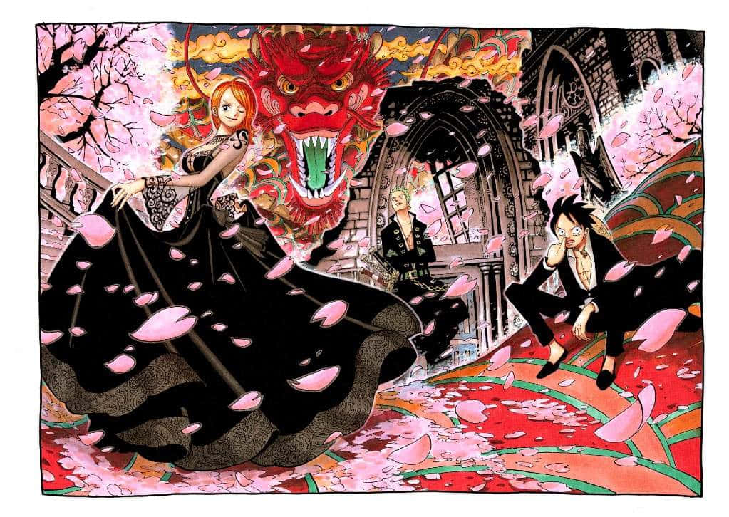 Thriller Bark 桌布 壁紙 — 一個戲劇性的動漫場景，一名身穿黑色連衣裙的女子站在咆哮的紅龍面前，周圍飄落著櫻花。