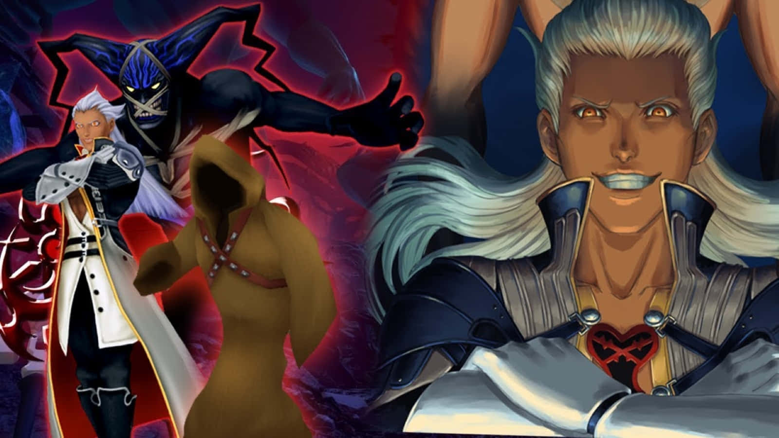 Ansem Seeker Of Darkness 桌布 壁紙 — 一個戲劇性的動漫場景，三個角色在紅色和紫色背景前，眼睛發光並帶有黑暗能量。