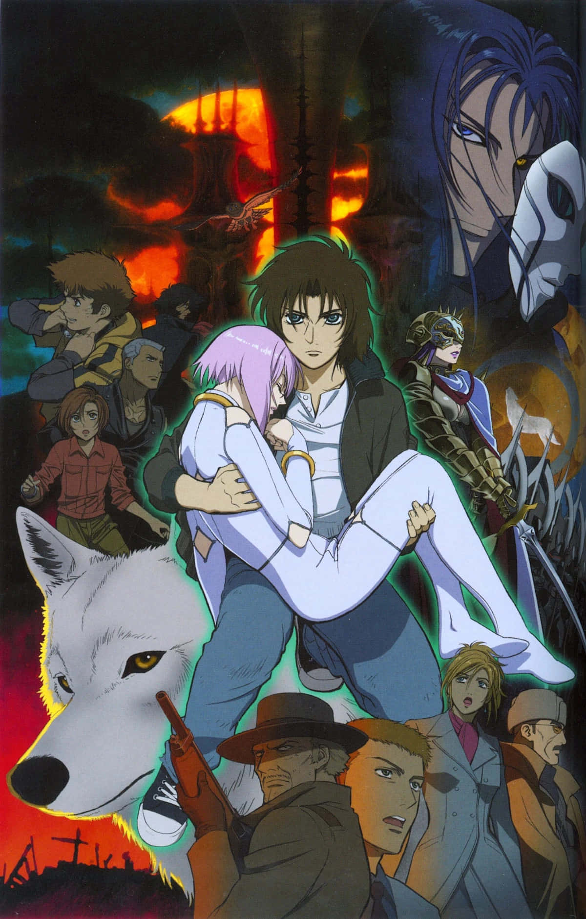 Wolf's Rain Kiba 桌布 壁紙 — 一個戲劇性的動漫場景，中央情侶在火焰背景中擁抱，周圍角色包括一隻狼和戴面具的人物。