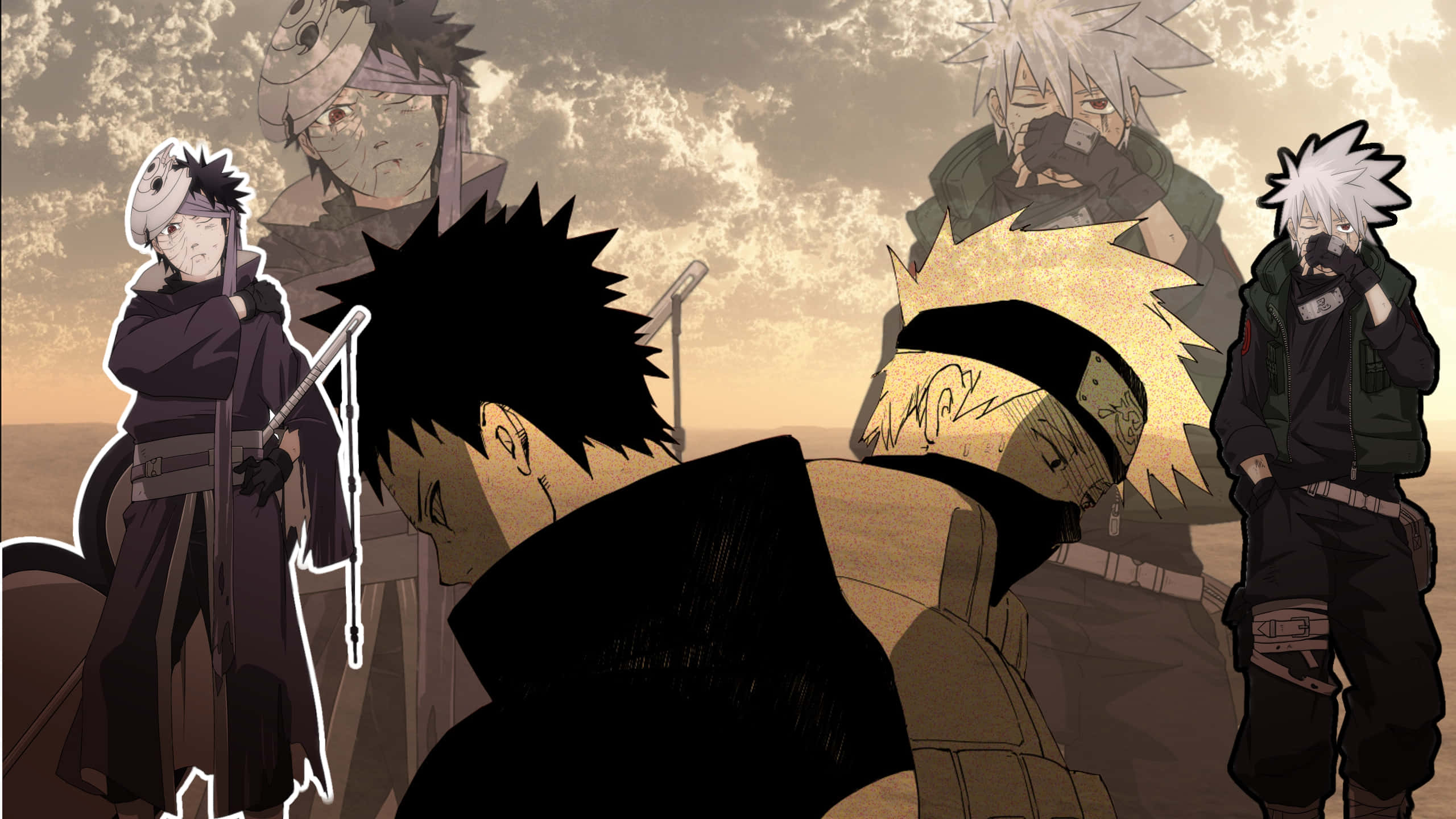 Kakashi And Tobi 桌布 壁紙 — 一個戲劇性的動漫場景，五個忍者角色在陰雲密布的天空下站在荒涼的風景中。