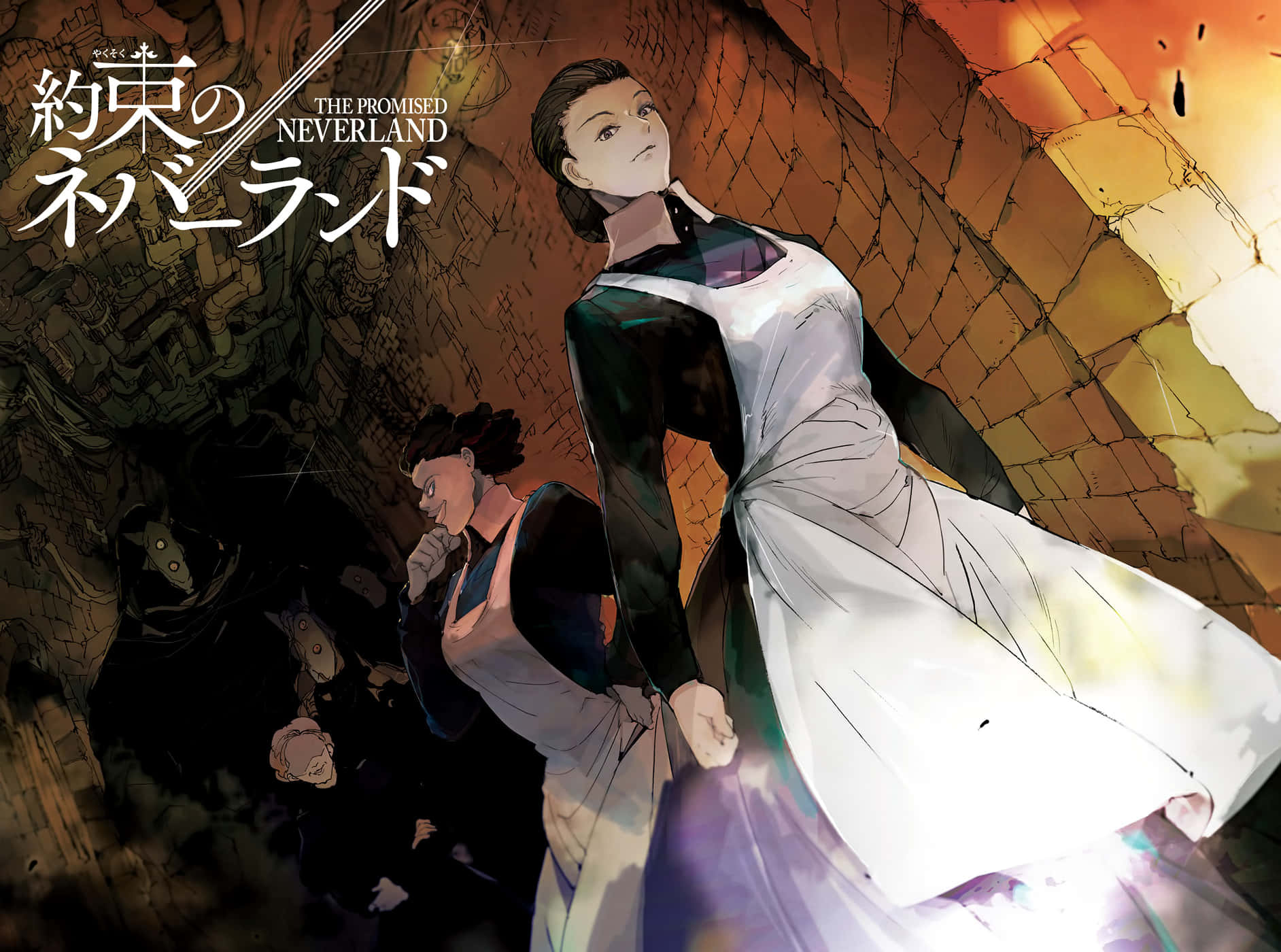 The Promised Neverland Krone 桌布 壁紙 — 一個戲劇性的動漫場景，兩位身穿白色圍裙的女性站在一個光線昏暗、破敗的石頭走廊中，溫暖的橙色光線從破損的牆壁中透出。