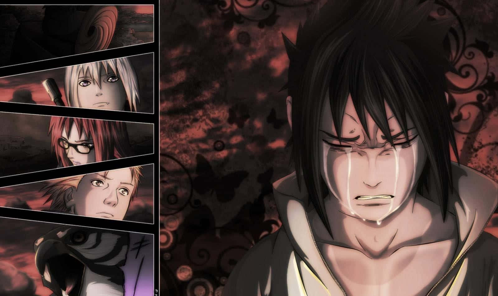 Team Taka Naruto 桌布 壁紙 — 一個戲劇性的動漫場景，包含一個哭泣的黑髮角色、旋轉的紅色背景，以及四個顯示其他角色面孔的小面板。