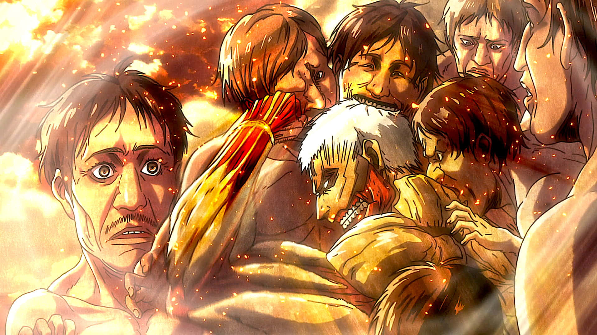 Armored Titan 桌布 壁紙 — 一個戲劇性的動漫場景，多個角色在熾熱的金色天空和耀眼的光束下進行情感擁抱。