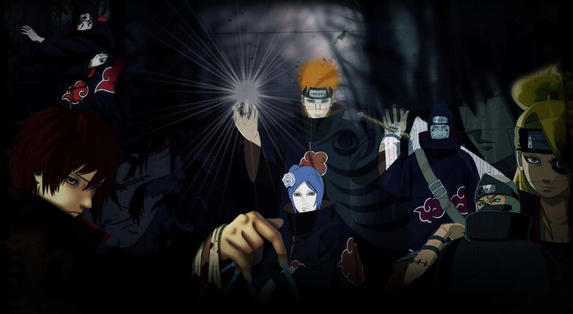 Akatsuki Naruto Shippuden 桌布 壁紙 — 一個戲劇性的動漫場景，描繪了鳴人和曉組織成員在黑暗緊張的對峙中，散發著發光的查克拉。