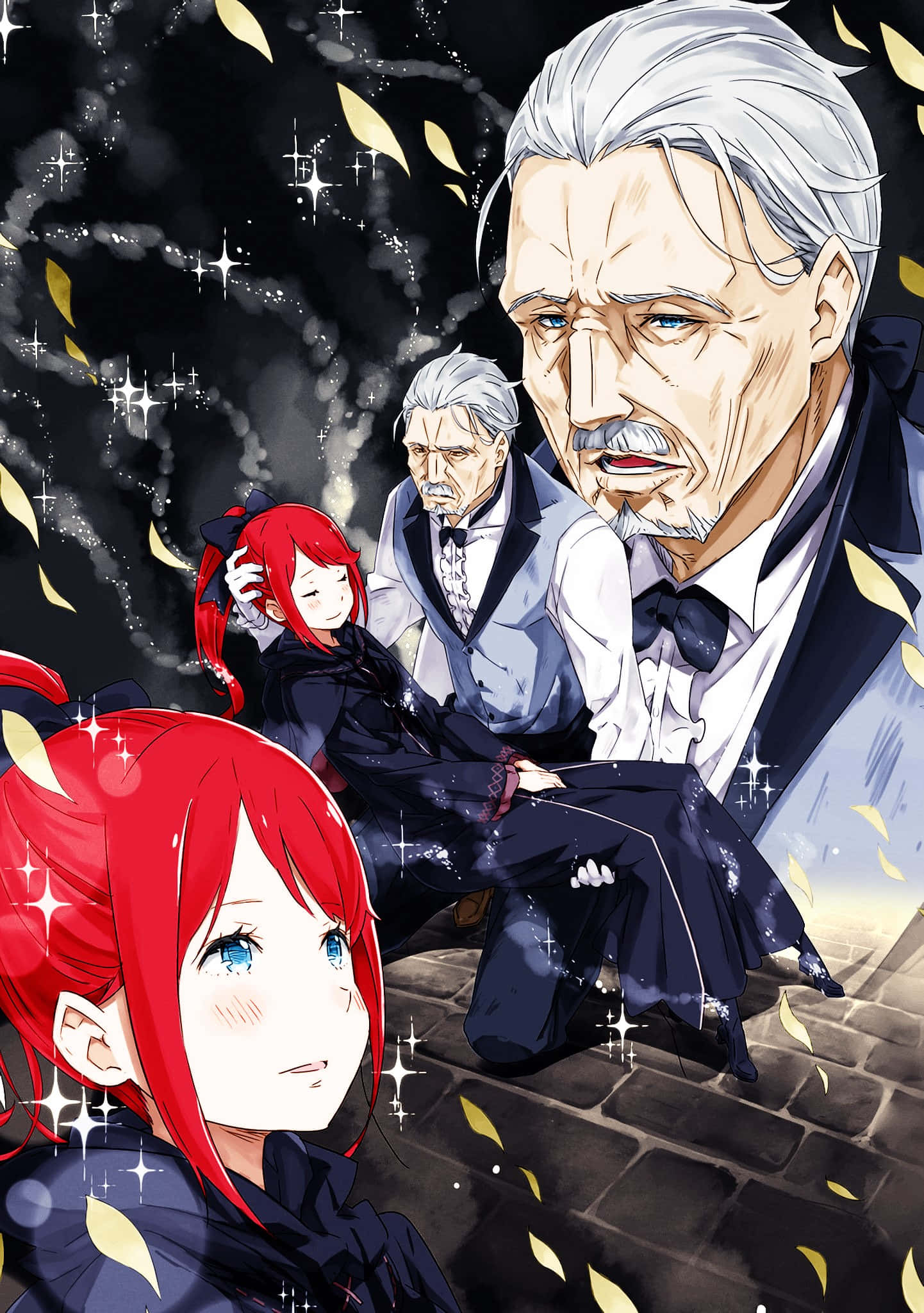 Wilhelm Van Astrea 桌布 壁紙 — 一個戲劇性的動漫場景，有一個紅髮女孩和兩位穿著正裝的長者，置身於飄落的金色樹葉和閃爍的光芒之中。