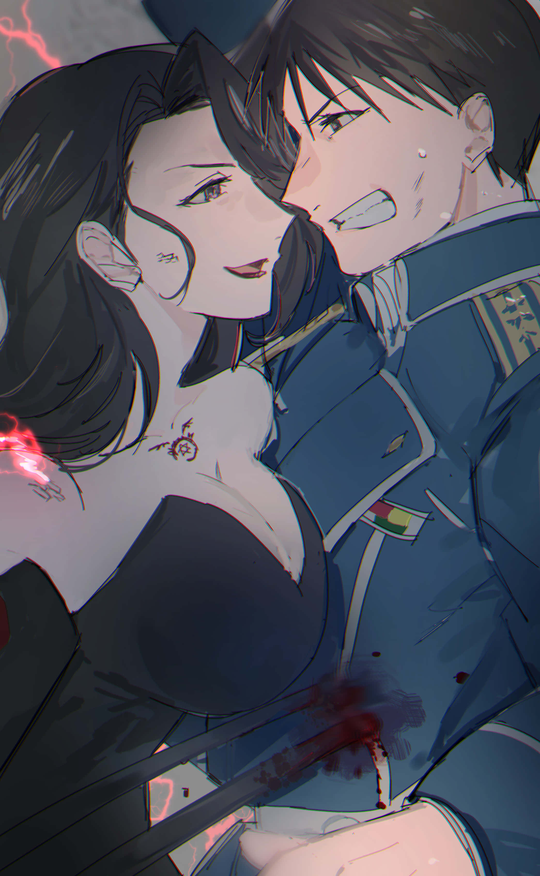 Fullmetal Alchemist Lust 桌布 壁紙 — 一個戲劇性的動漫場景，顯示一名穿著軍裝的男子擁抱一名黑髮且肩上帶有發光紅色印記的女子。
