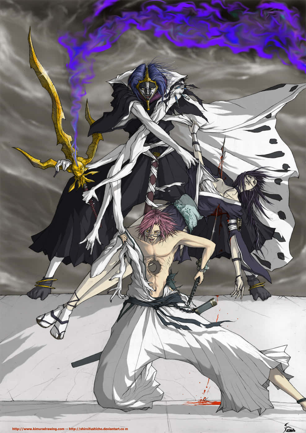 Szayelaporro Granz 桌布 壁紙 — 一個戲劇性的動漫戰鬥場景，一名戴面具的戰士揮舞著金色劍，一名粉紅髮戰士身穿白袍，置身於紫色能量和血跡之中。