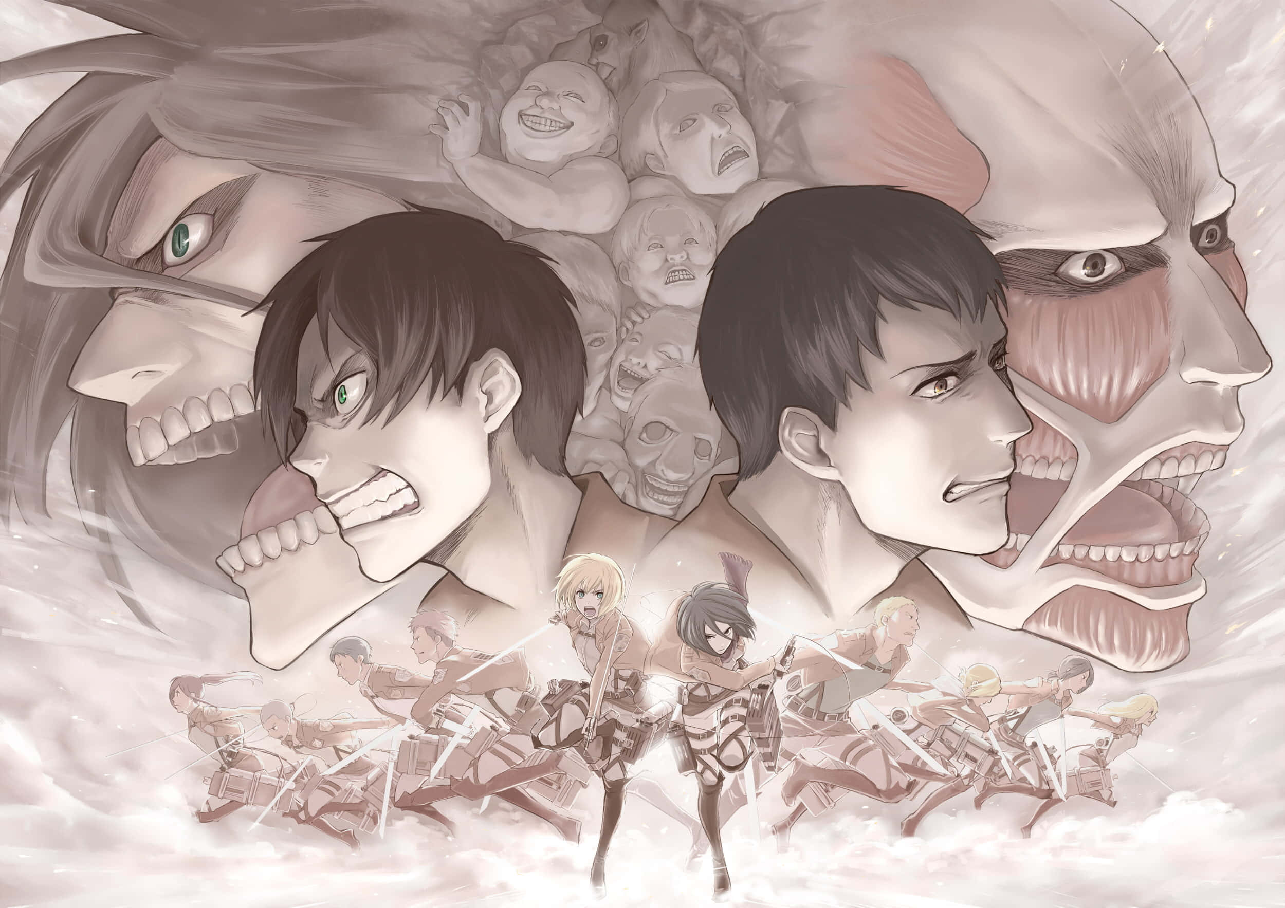 Attack On Titan Season 2 桌布 壁紙 — 一個戲劇性的動漫插圖，描繪了穿著戰鬥裝備的角色面對著擁有尖叫面孔的巨大類人泰坦。