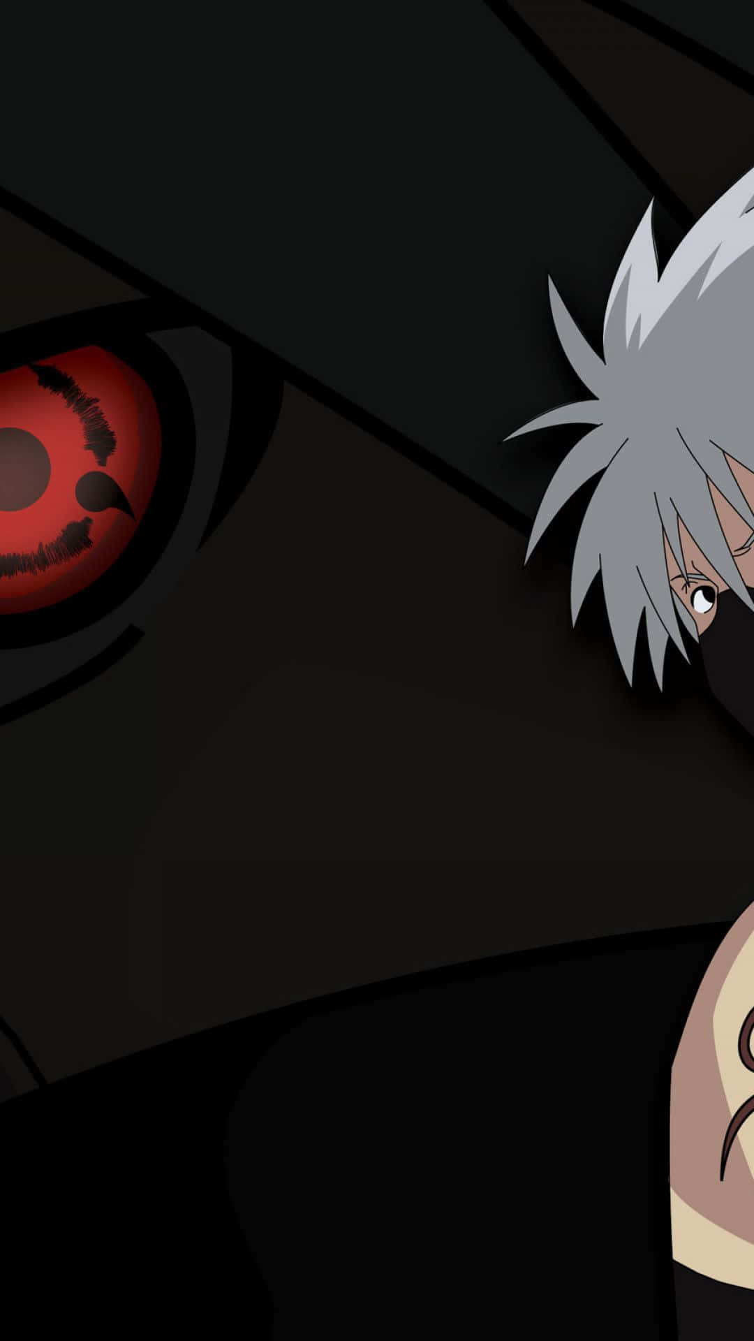 Kakashi And Tobi 桌布 壁紙 — 一個戲劇性的動漫特寫，角色擁有尖刺銀色頭髮和一隻發光的紅色眼睛，背景為黑暗。