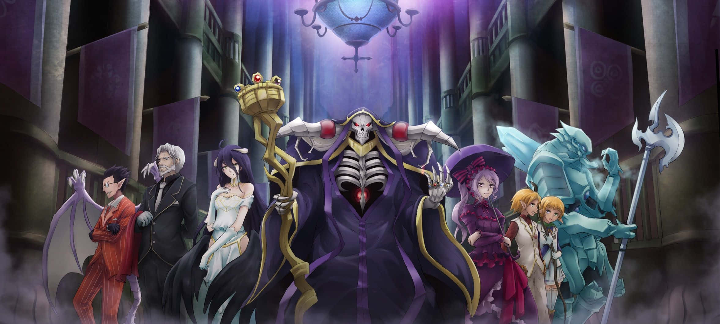 Dark Overlord 桌布 壁紙 — 一個戲劇性的動漫群體肖像，描繪一位身穿紫色長袍的骷髏王手持金色權杖，被哥德式大教堂中的多樣角色包圍。