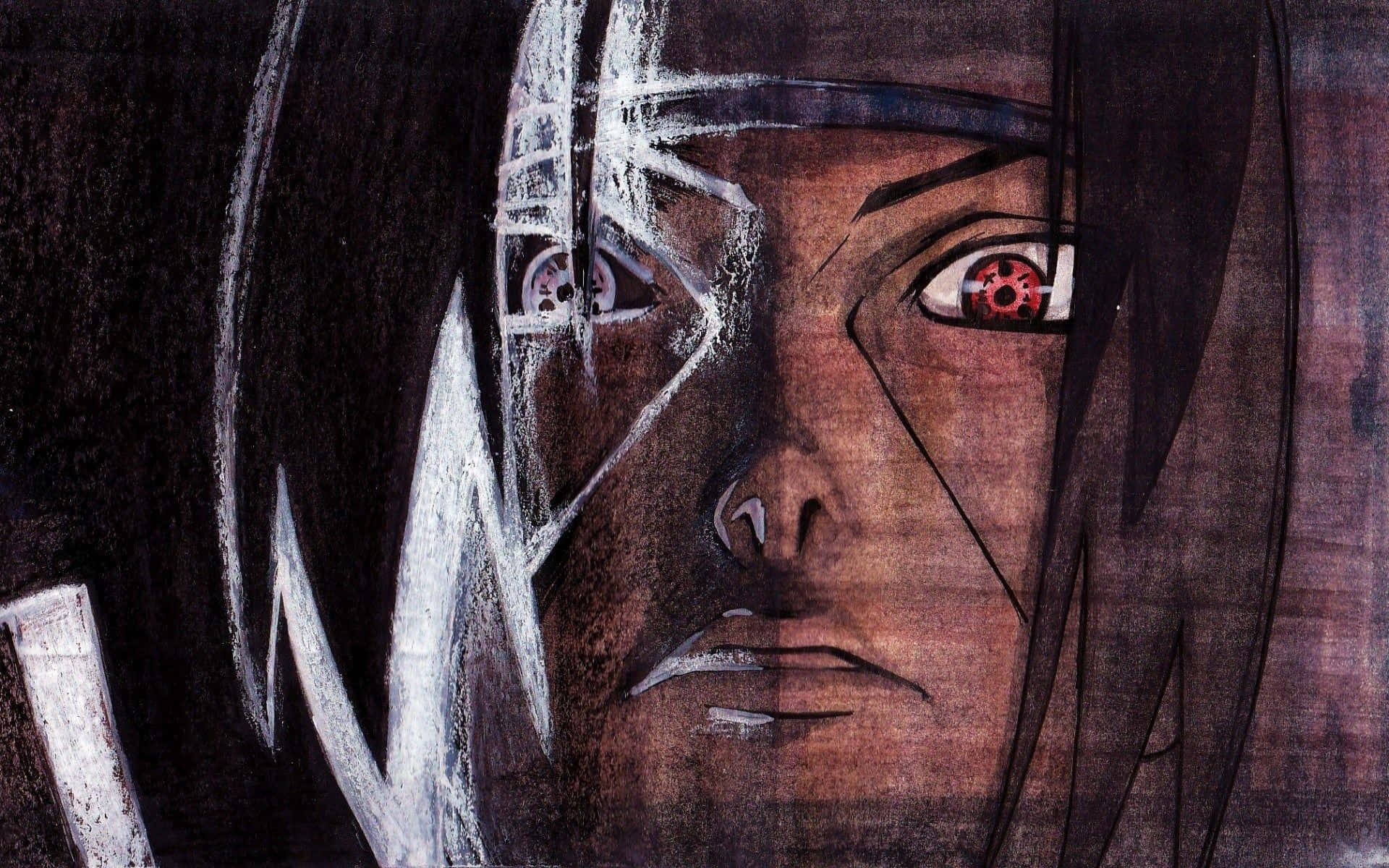 Genjutsu 桌布 壁紙 — 一個戲劇性的動漫肖像，角色擁有強烈的紅眼睛和深色頭髮，背景陰暗。