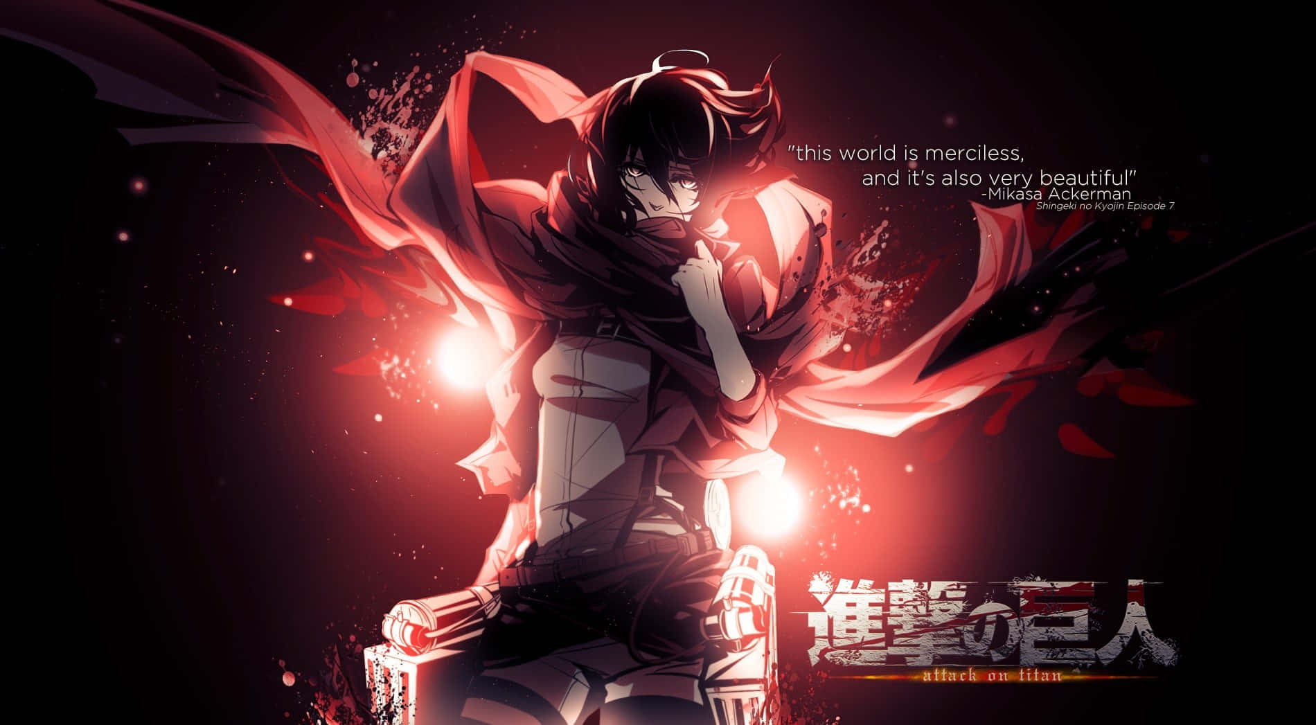 Attack On Titan The Final Season 桌布 壁紙 — 一個戲劇性的動漫角色，披著飄逸的紅色斗篷，在黑暗背景中閃爍的光芒照耀下站立。