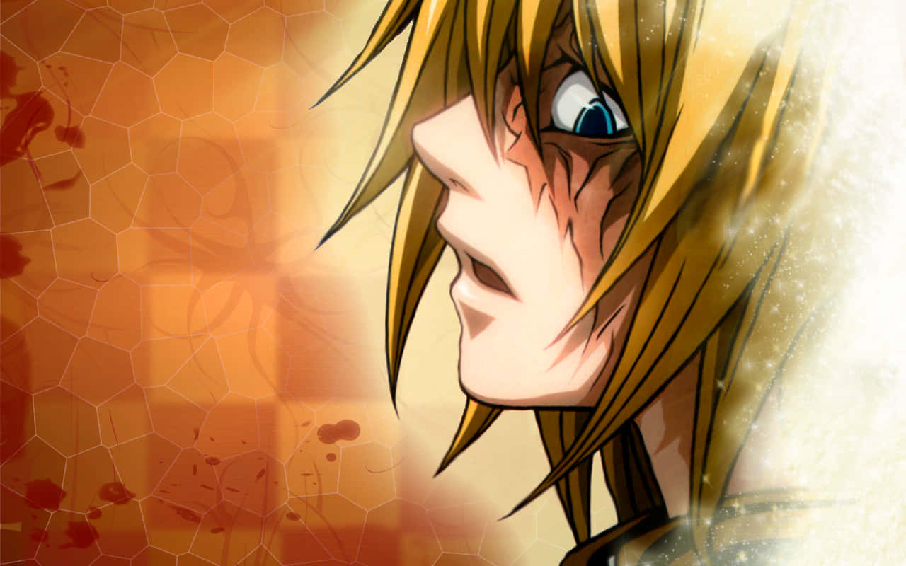 Death Note Mello 桌布 壁紙 — 一個戲劇性的動漫角色，金髮藍眼，向上凝視著溫暖的橙色六邊形背景，上面有血跡飛濺。