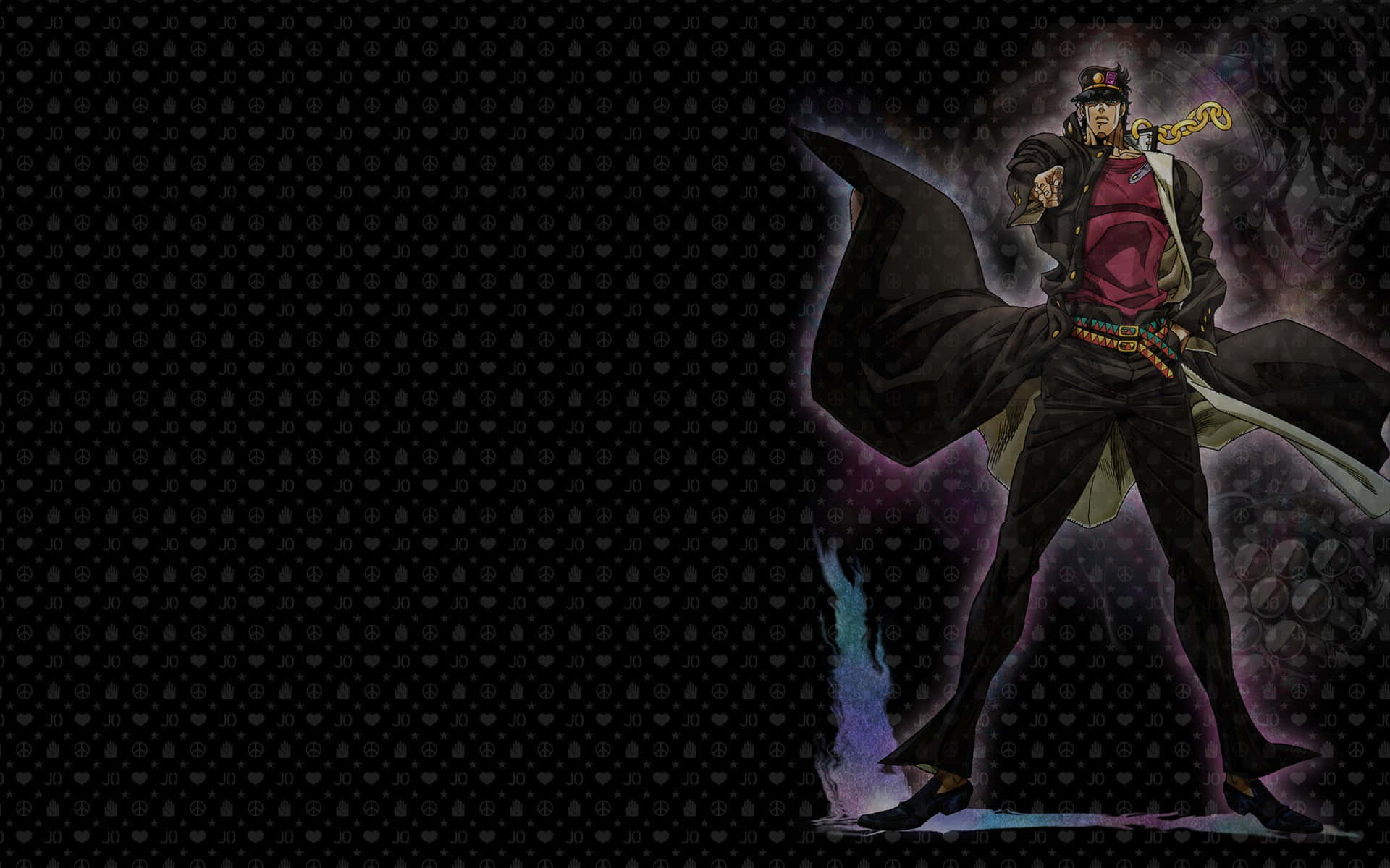 Jotaro Kujo 桌布 壁紙 — 一個戲劇性的動漫角色穿著飄逸的外套，自信地站在帶有紫色和藍色照明的深色圖案背景前。