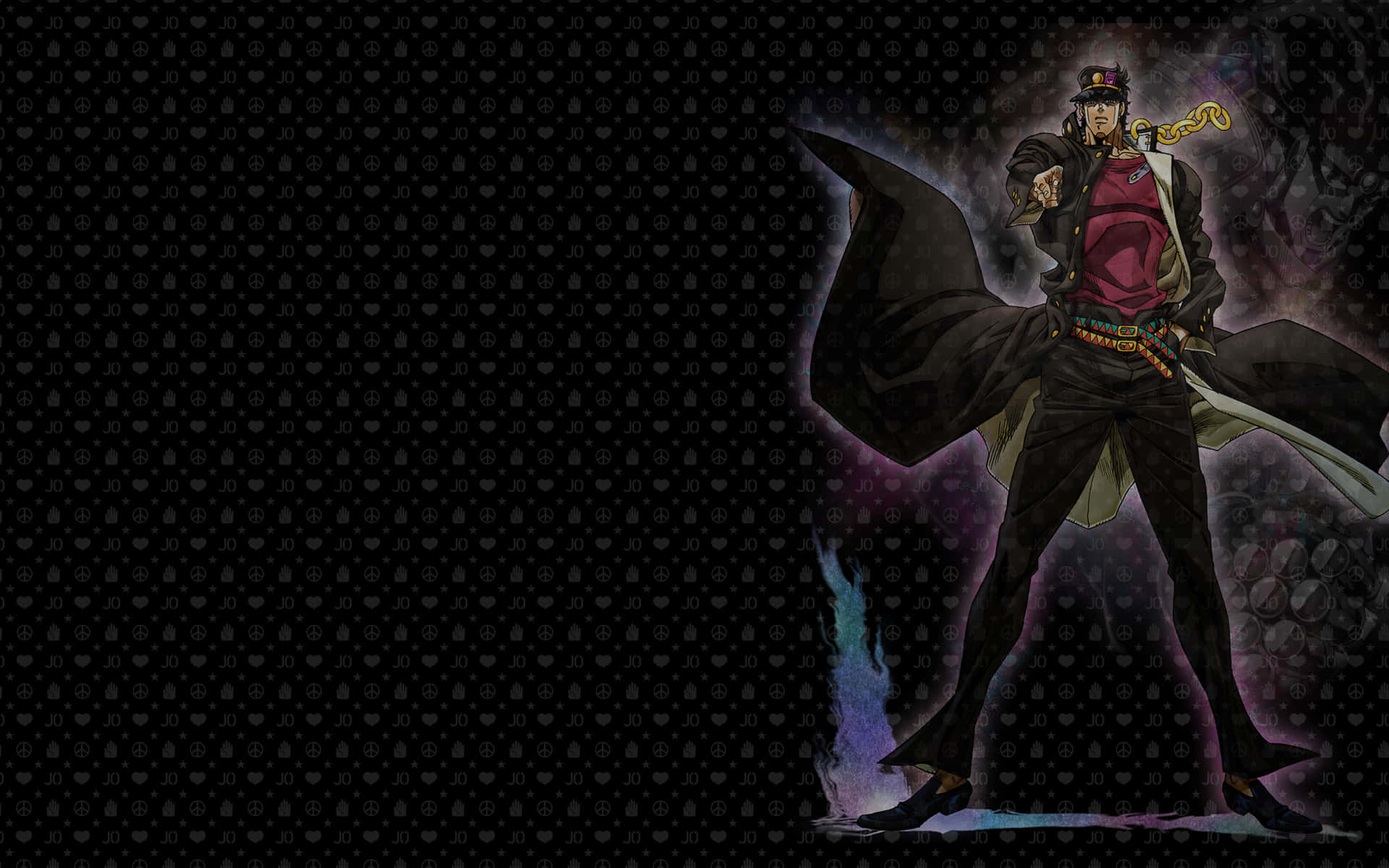 Stardust Crusaders 桌布 壁紙 — 一個戲劇性的動漫角色穿著飄逸的黑色外套，自信地站在帶有紫色發光效果的深色圖案背景前。