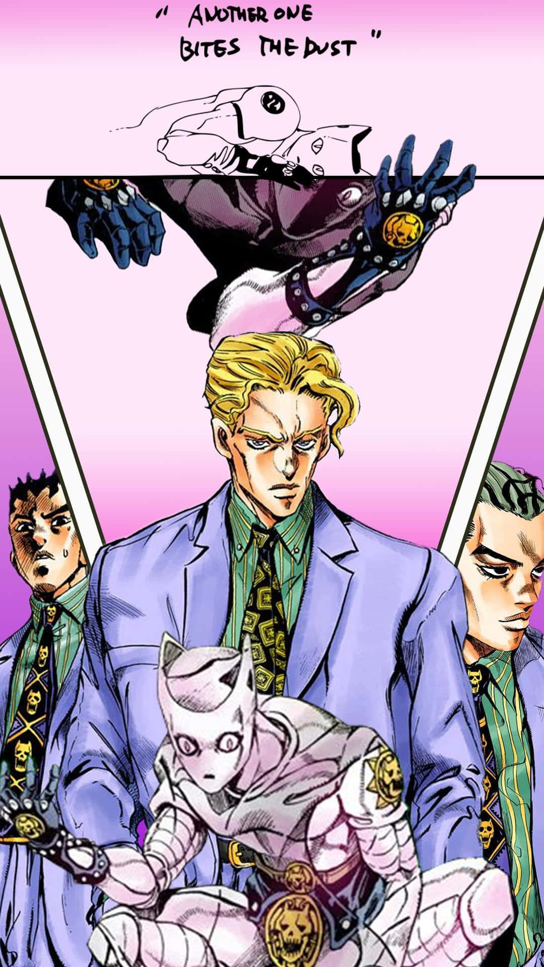 Kira Yoshikage 桌布 壁紙 — 一個戲劇性的動漫面板顯示一個金髮男子穿著紫色西裝抱著一隻白色的貓狀生物，另外兩個男子在粉紅色背景中站在他兩側。
