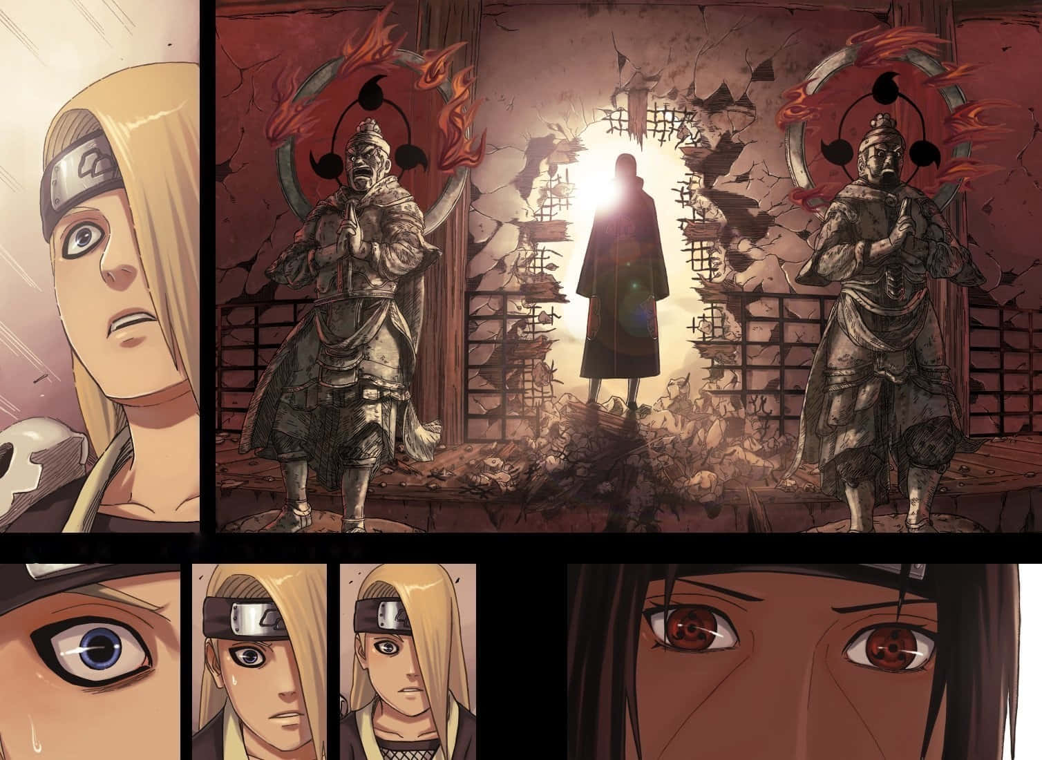Genjutsu 桌布 壁紙 — 一個戲劇性的動畫場景，金髮角色震驚地看着兩個身穿盔甲的人物在 crumbling 寺廟中夾着一個發光的剪影。