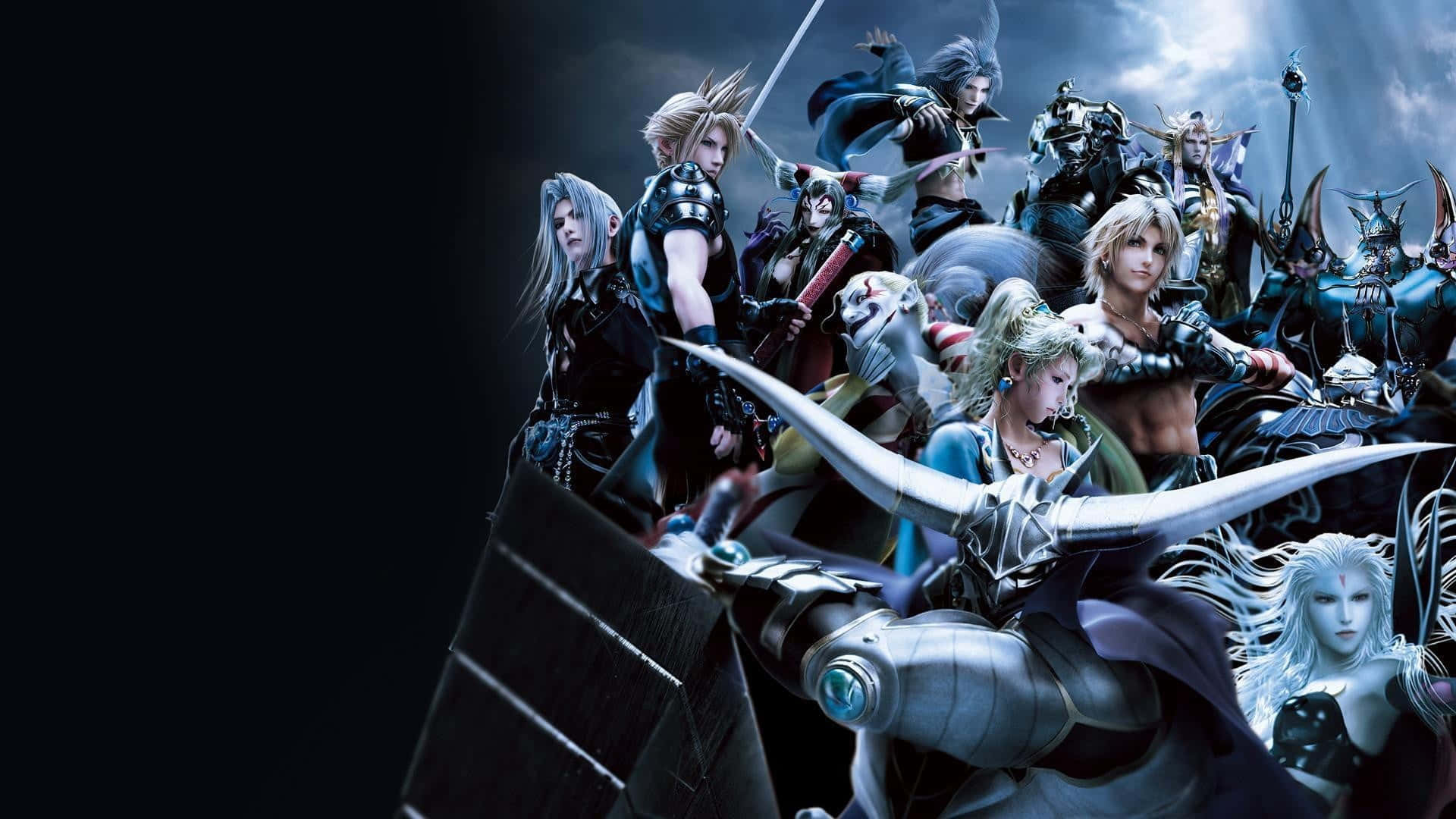 Final Fantasy Characters 桌布 壁紙 — 一個戲劇性的動畫奇幻戰士和怪物群體，在暴風雨的天空下擺出戰鬥姿勢。