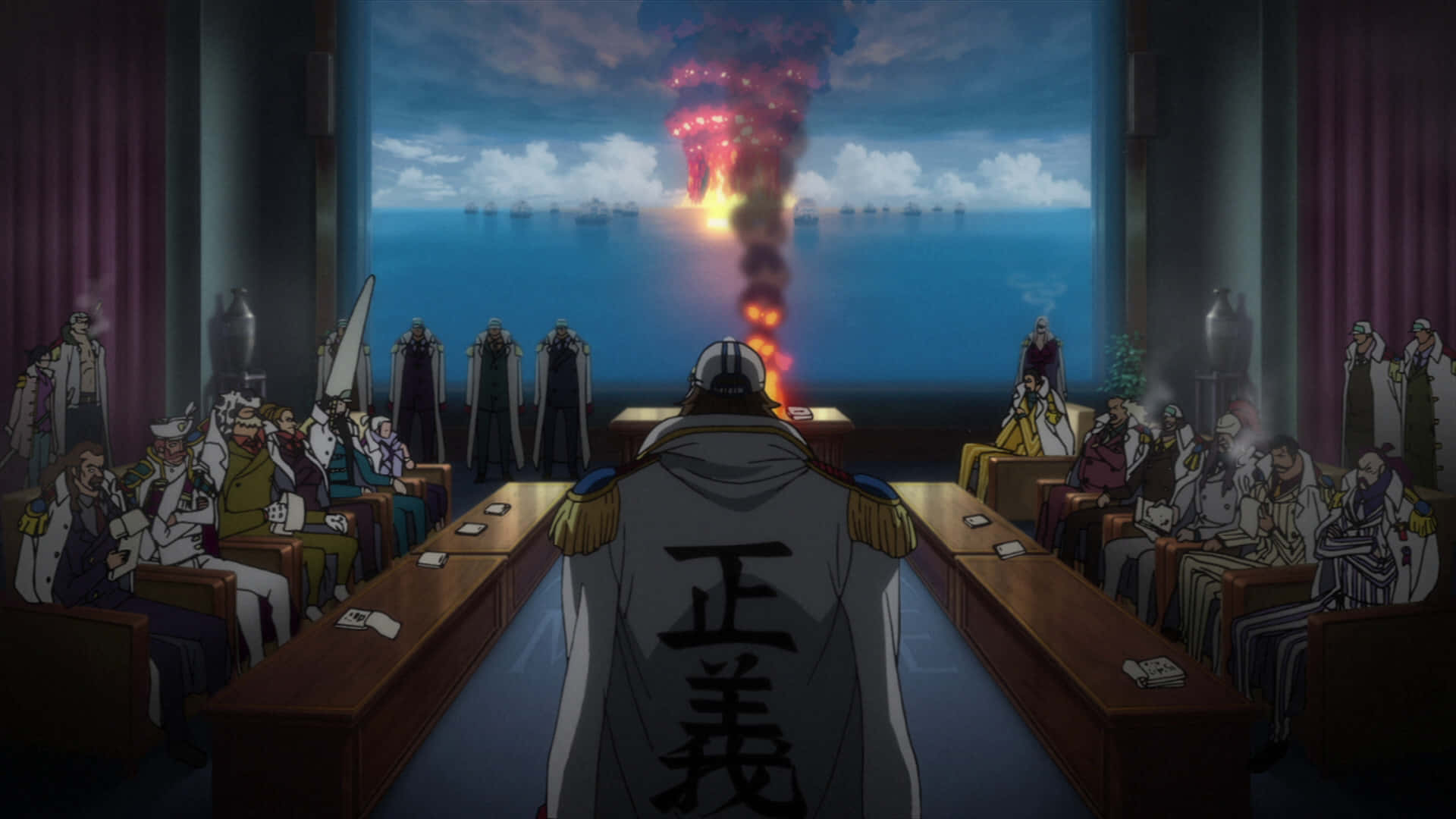 Marineford 桌布 壁紙 — 一個戲劇性的動畫法庭場景，中心人物穿著帶有漢字的外套，面向一個顯示海洋上船隻爆炸的窗戶。