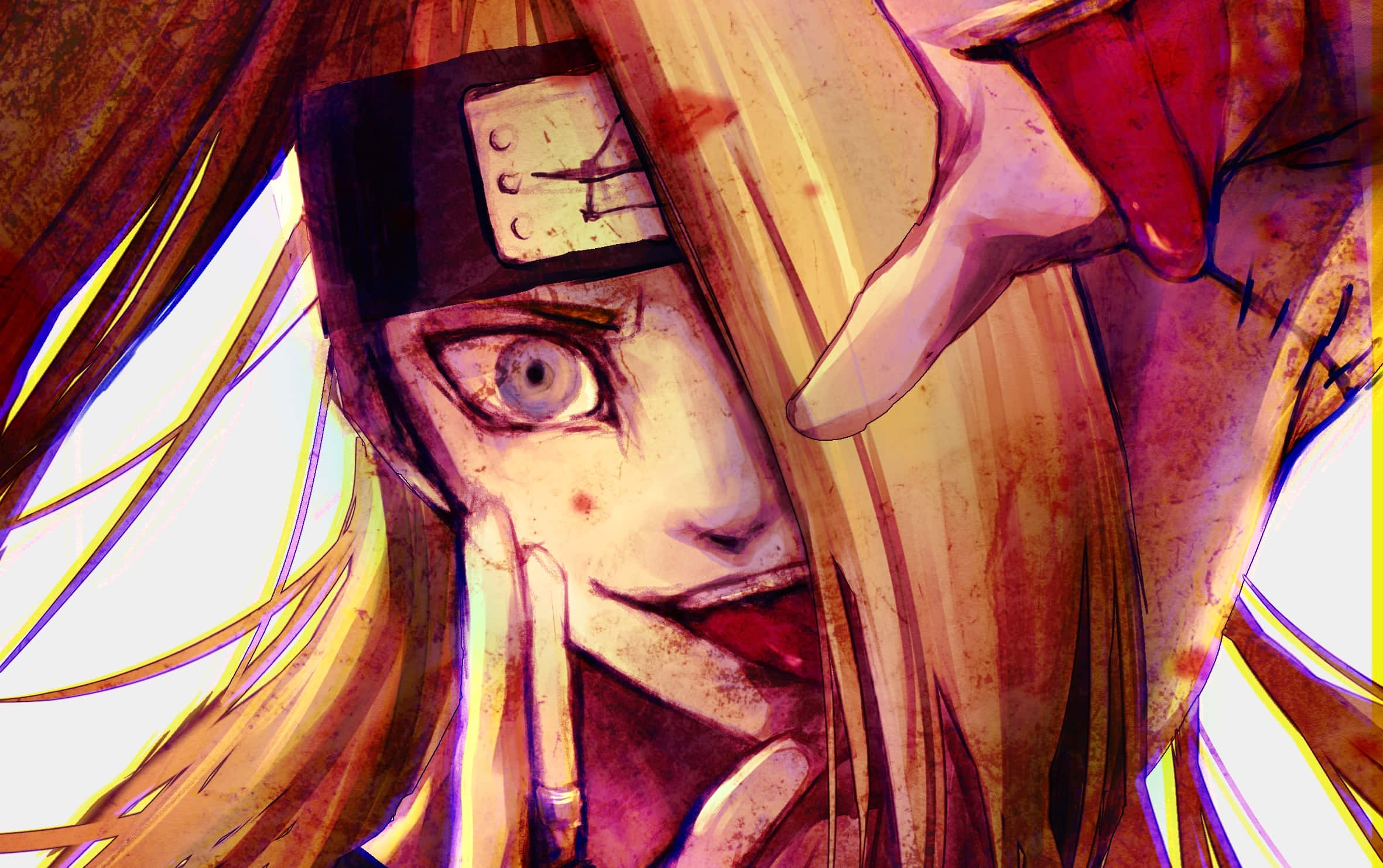 Akatsuki X Deidara 桌布 壁紙 — 一個戲劇性的動畫特寫，展示一個血跡斑斑的忍者，戴著頭帶，眼神銳利，被飄逸的金色頭髮環繞。