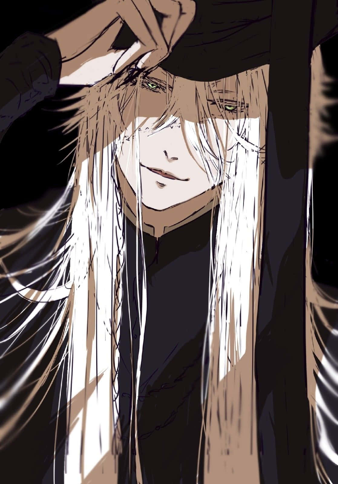 Black Butler Undertaker 桌布 壁紙 — 一個戲劇性的動畫肖像，描繪一位蒼白頭髮、綠色眼睛的角色在強烈燈光下調整深色帽子。
