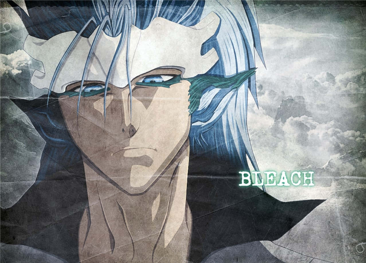 Grimmjow Jaegerjaquez 桌布 壁紙 — 一個戲劇性的動畫肖像，描繪一個藍髮角色戴著白色面具，背景是陰雲密佈的天空。