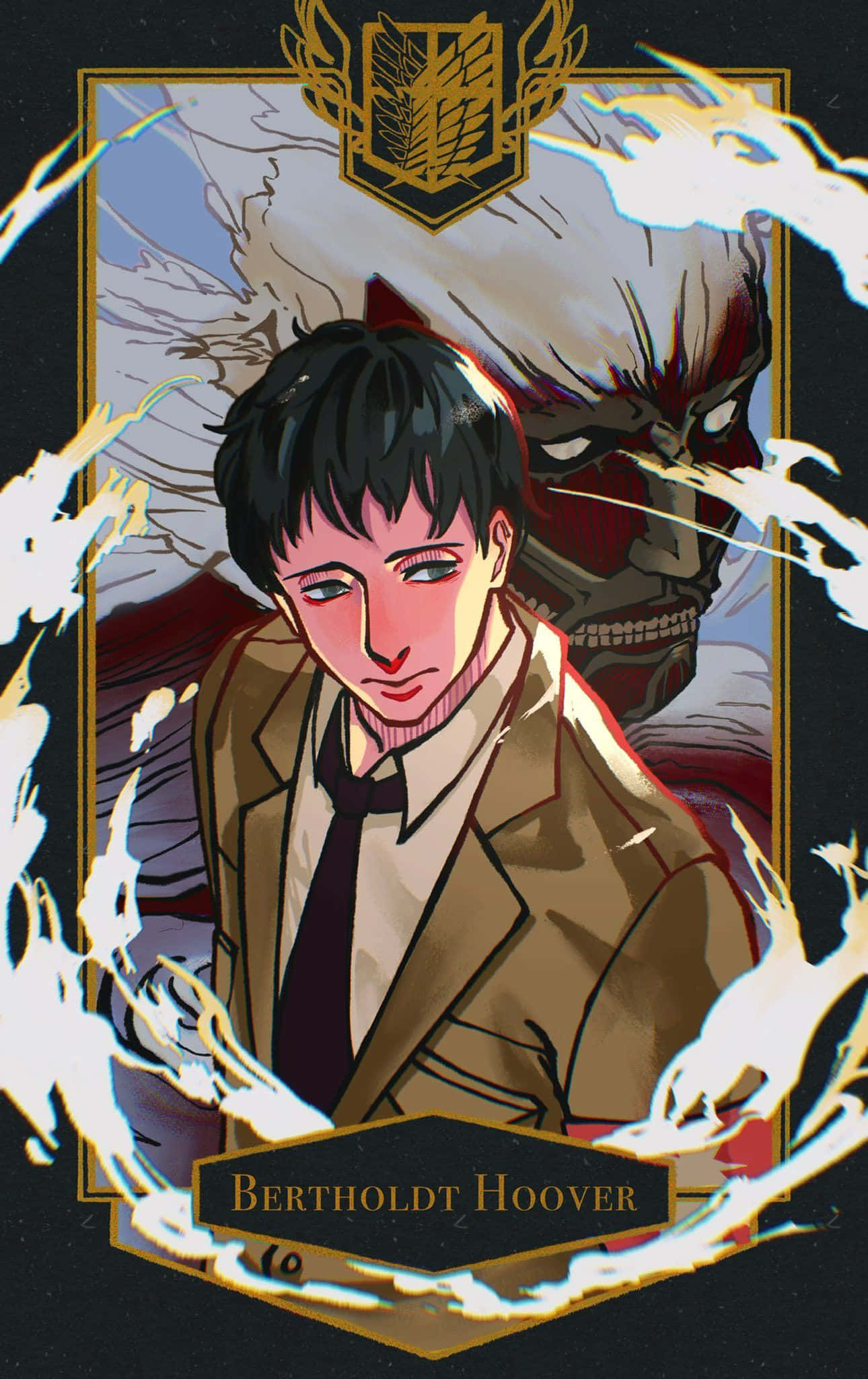 Bertholdt Hoover 桌布 壁紙 — 一個戲劇性的動畫肖像，描繪貝爾托特·胡佛被火焰能量包圍，他的巨人形態在背後若隱若現。