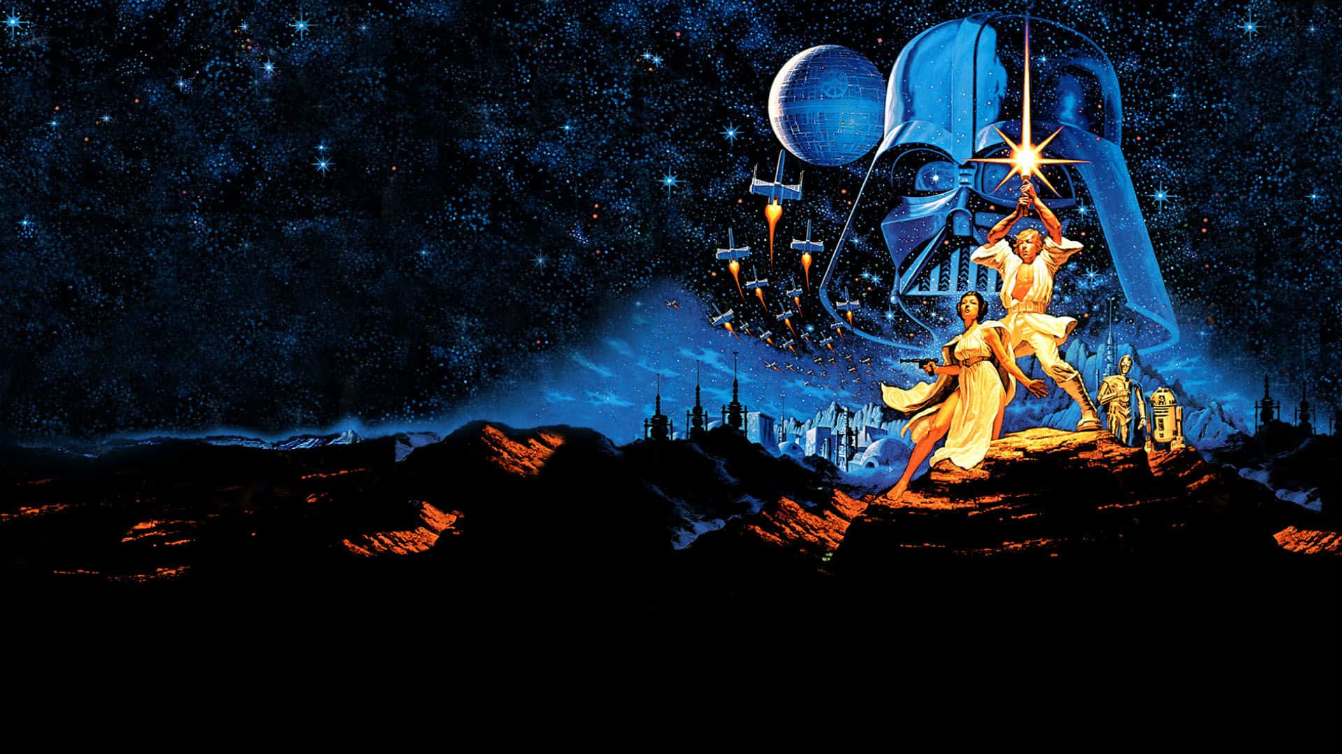 Cool Star Wars 桌布 壁紙 — 一個戲劇性的太空歌劇場景，達斯維達籠罩著揮舞光劍的盧克和莉亞，背景是星空。