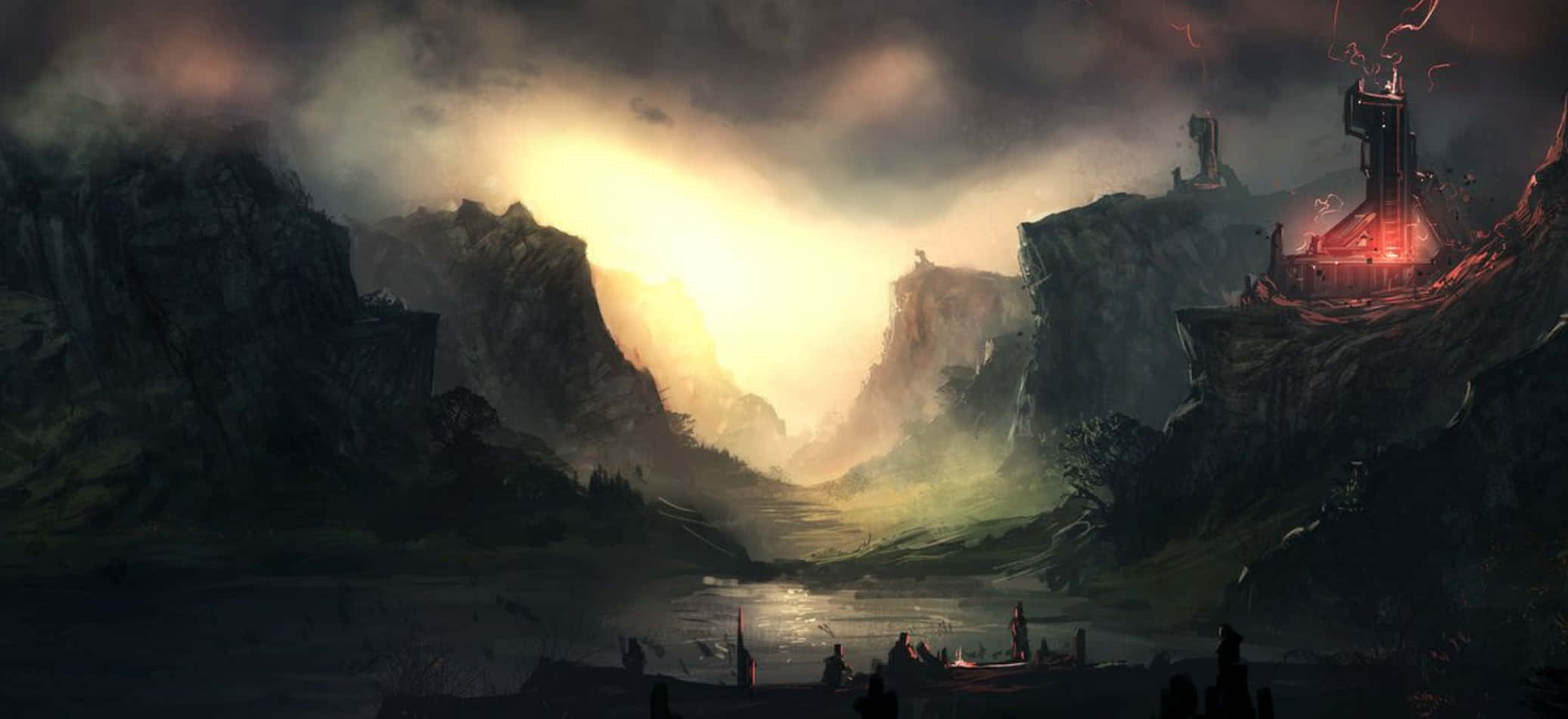 Terraforming 桌布 壁紙 — 一個戲劇性的奇幻山谷，發光的懸崖和神秘的紅色塔樓，在暴風雨的天空下。