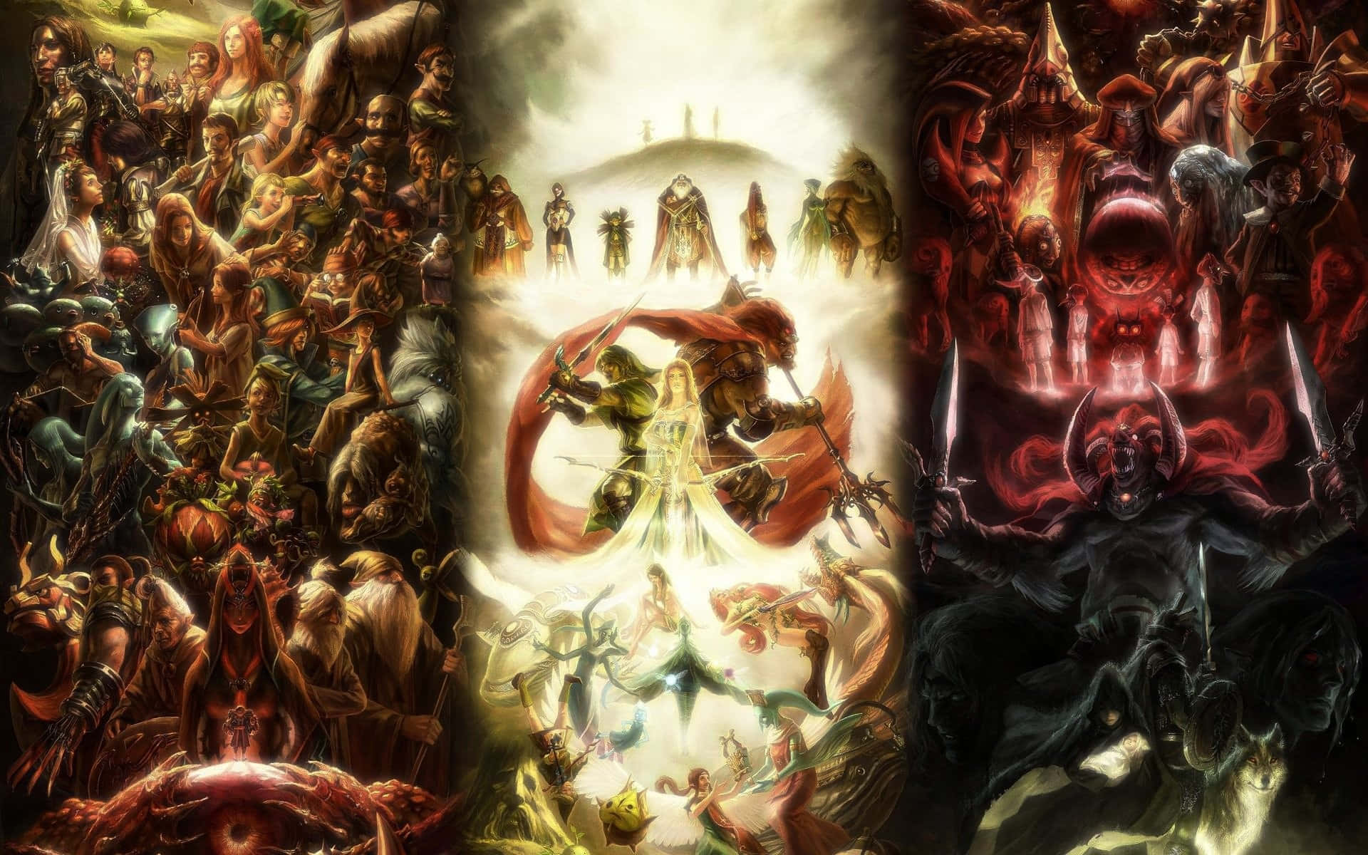 The Legend Of Zelda Hyrule 桌布 壁紙 — 一個戲劇性的奇幻戰鬥場景，英雄與反派被光明與黑暗的力量劃分，在神話史詩中展開對決。