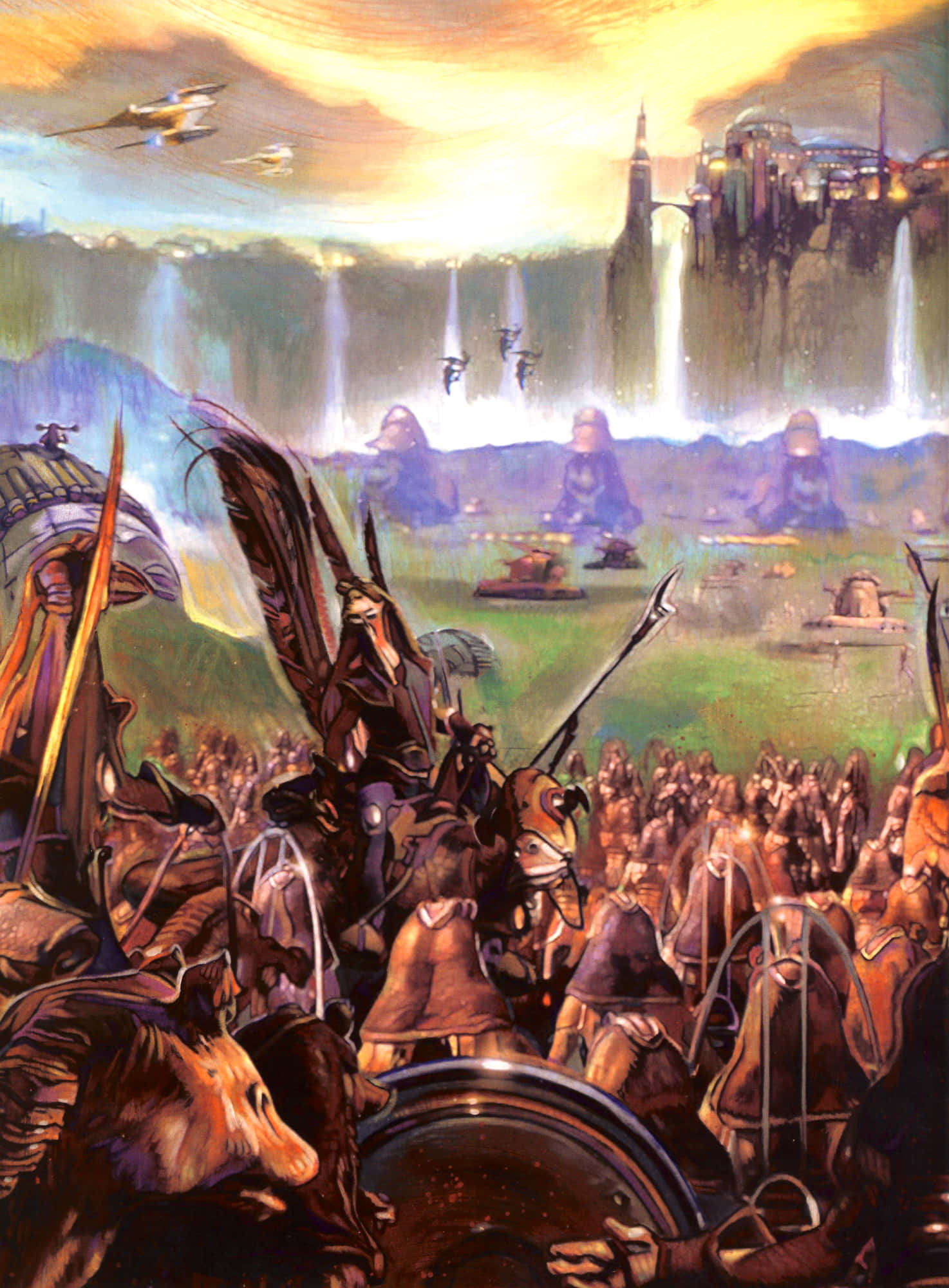 The Battle Of Naboo 桌布 壁紙 — 一個戲劇性的奇幻戰鬥場景，身穿盔甲的戰士騎著馬，在金色夕陽天空下向著遙遠的未來城市衝鋒。