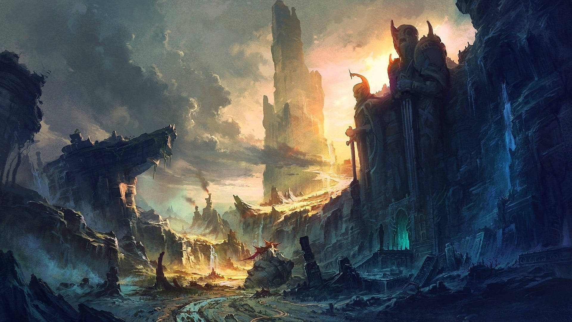 Lord Of The Rings Landscape 桌布 壁紙 — 一個戲劇性的奇幻景觀，在暴風雨的天空下，巨大的廢棄石結構被金色的夕陽光芒穿透。