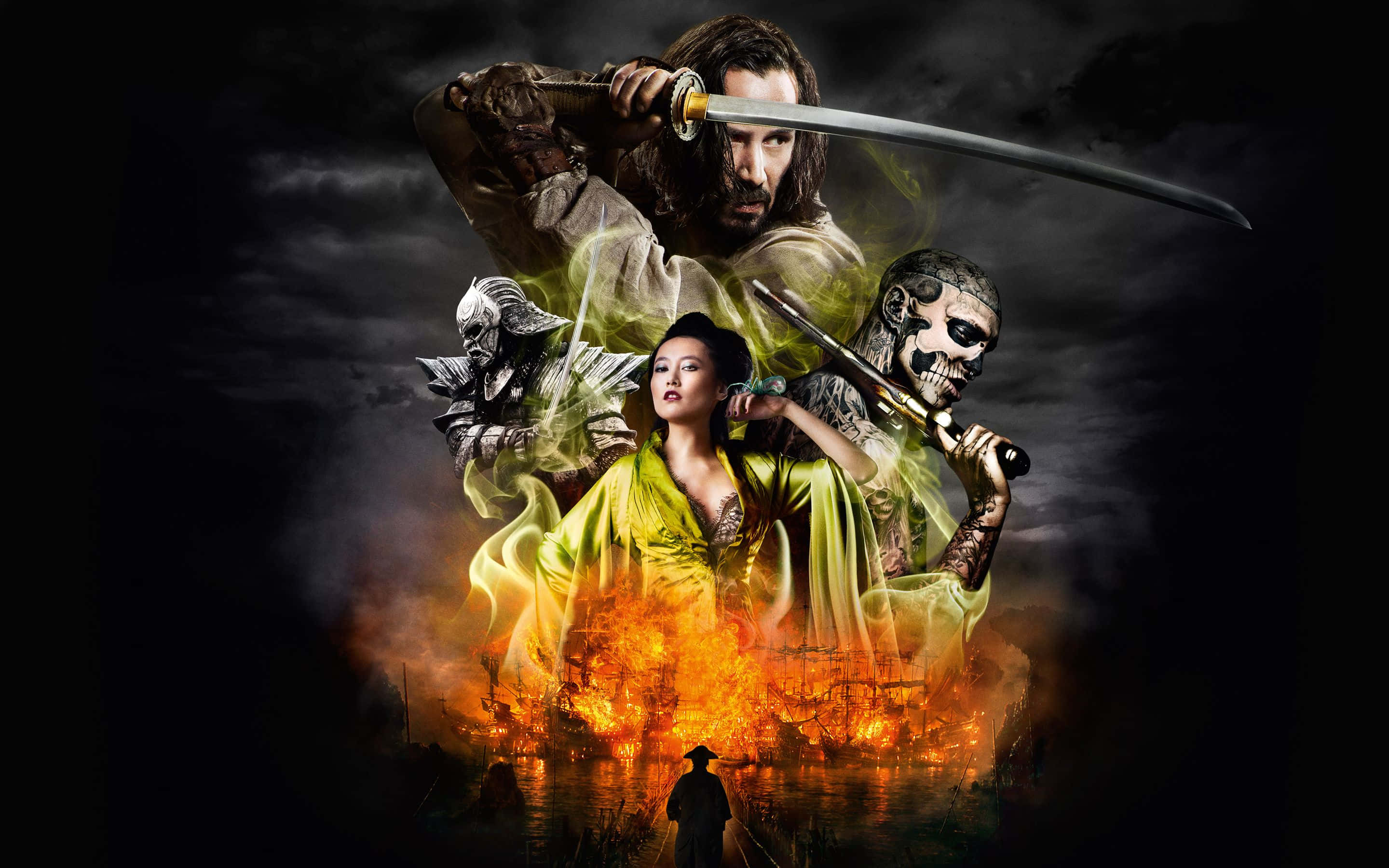 47 Ronin 桌布 壁紙 — 一個戲劇性的奇幻構圖，戰士和一位女性身處黑暗暴風雨天空下燃燒的戰鬥煙霧中。