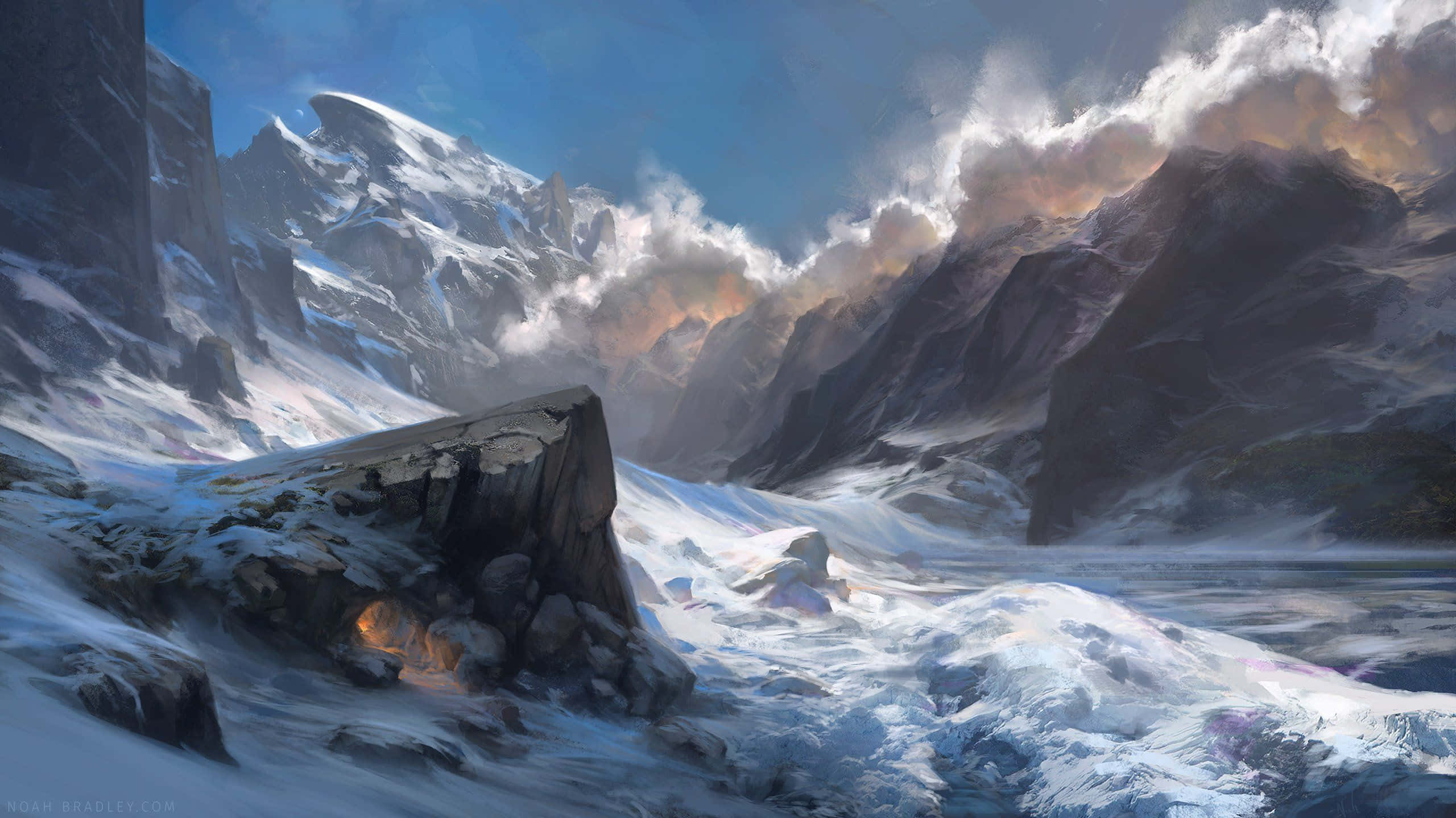 Snowy Landscape 桌布 壁紙 — 一個戲劇性的山谷，有白雪覆蓋的山峰和一個在陰天天空下發光的洞穴入口。