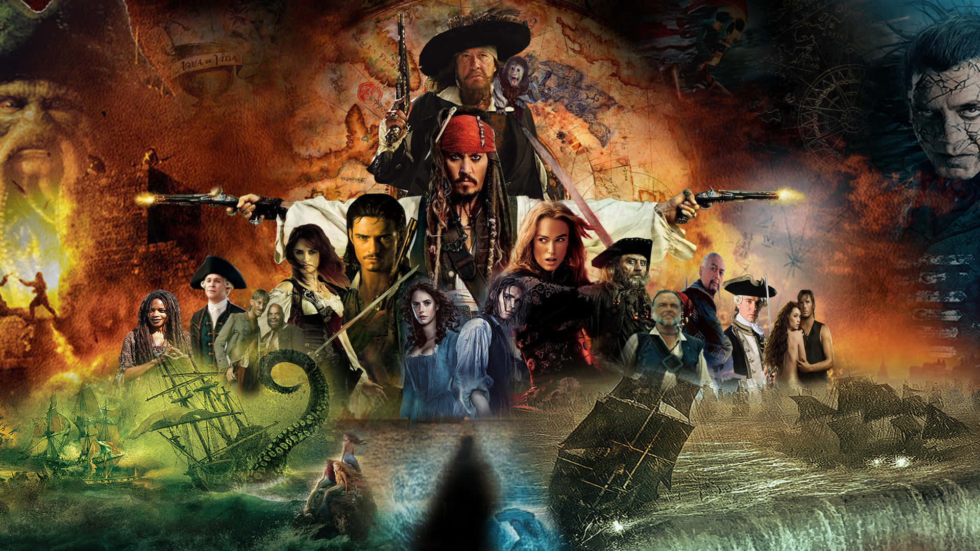 Pirates Of The Caribbean 桌布 壁紙 — 一個戲劇性的拼貼畫，描繪海盜和船隻在火熱的天空下與海怪和風暴作戰。
